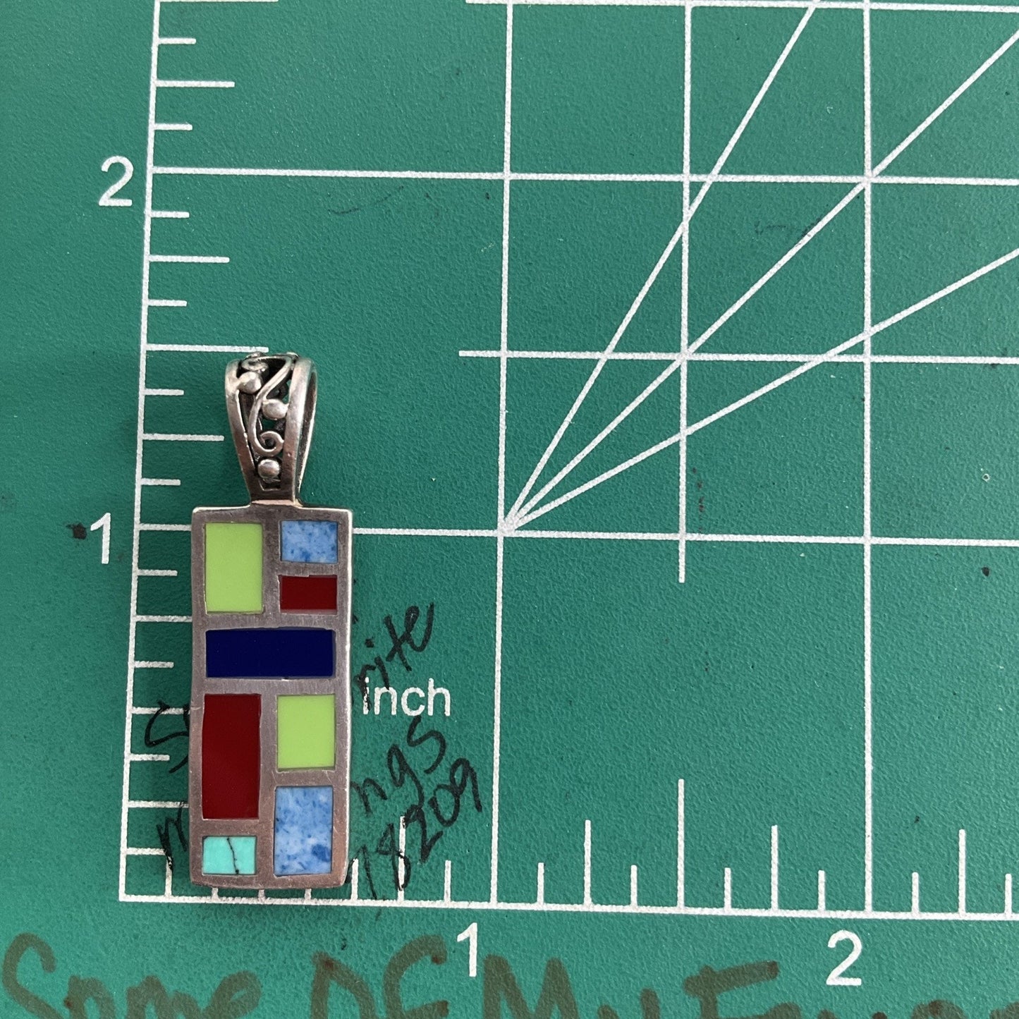 Modernist 925 Sterling Silver Multi-Stone Inlay Pendant Geometric Mosaic