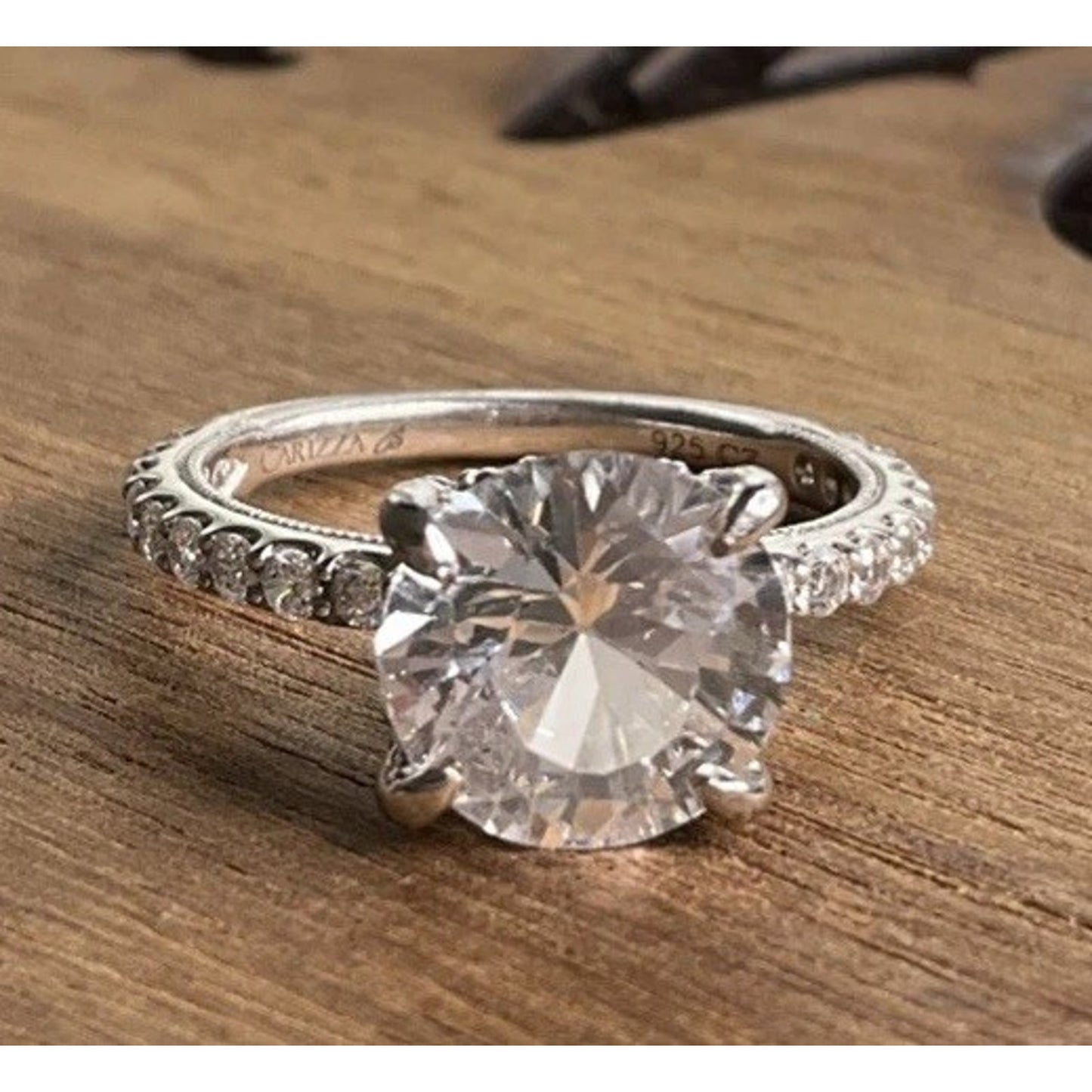 Carizza Sterling Silver Solitaire Bridal Ring Size 6.75 Large Round Engagement