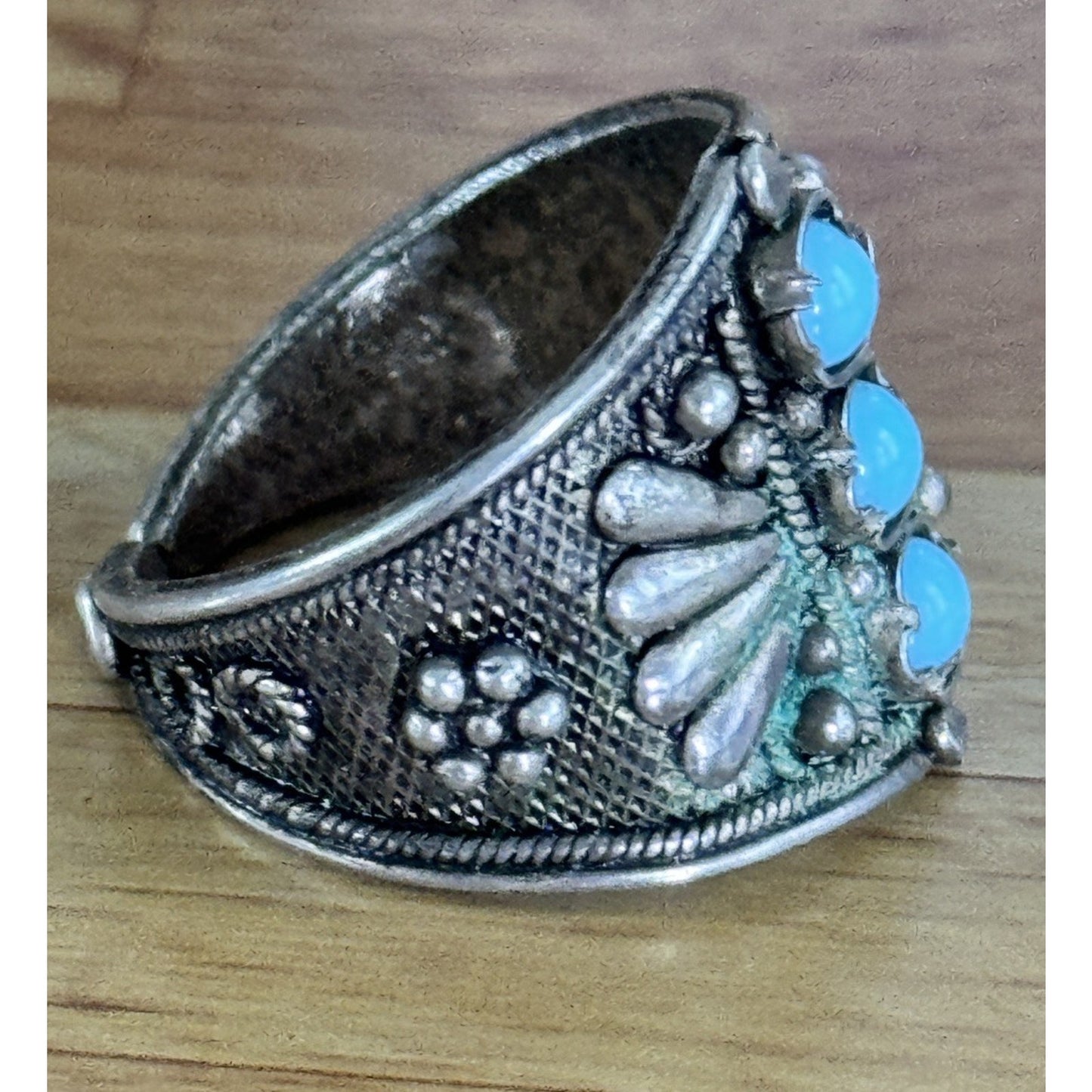 Vintage Tribal Sterling Silver 3 Stone Turquoise Saddle Ring Afghan Kuchi Sz 8