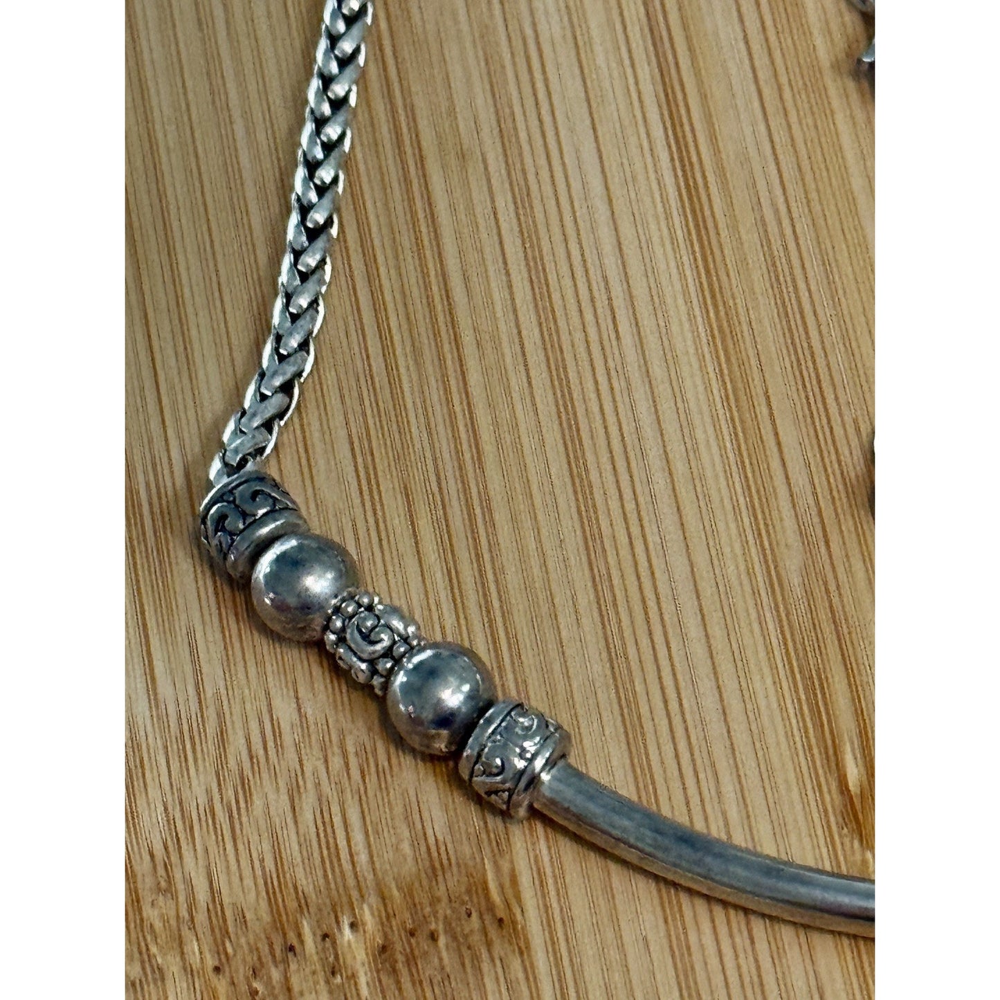 Vintage Brighton Silver Plated Curved Bar Bead Woven Chain Necklace 21” Adjustab
