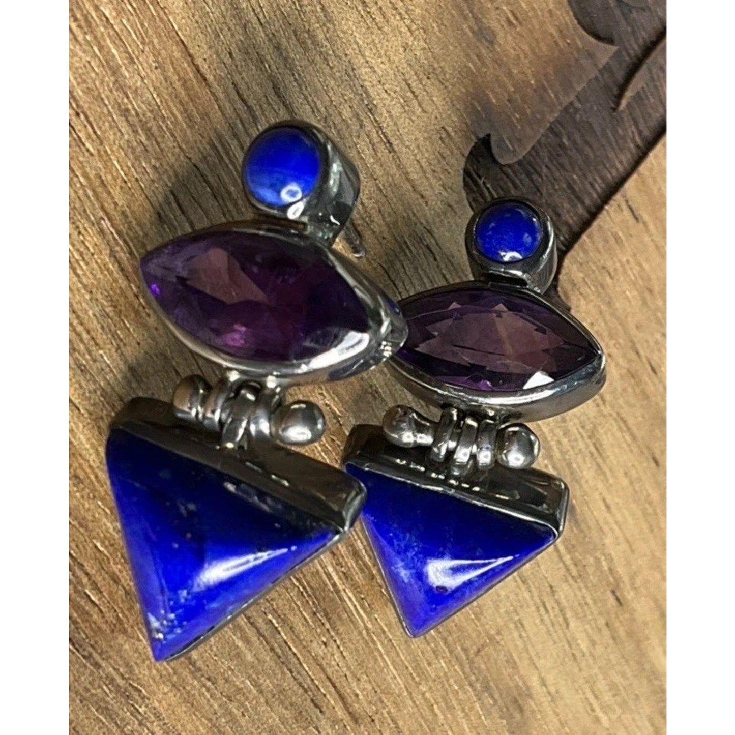 Vintage Sterling Silver Amethyst And Lapis Lazuli Modernist Dangle Drop Earrings