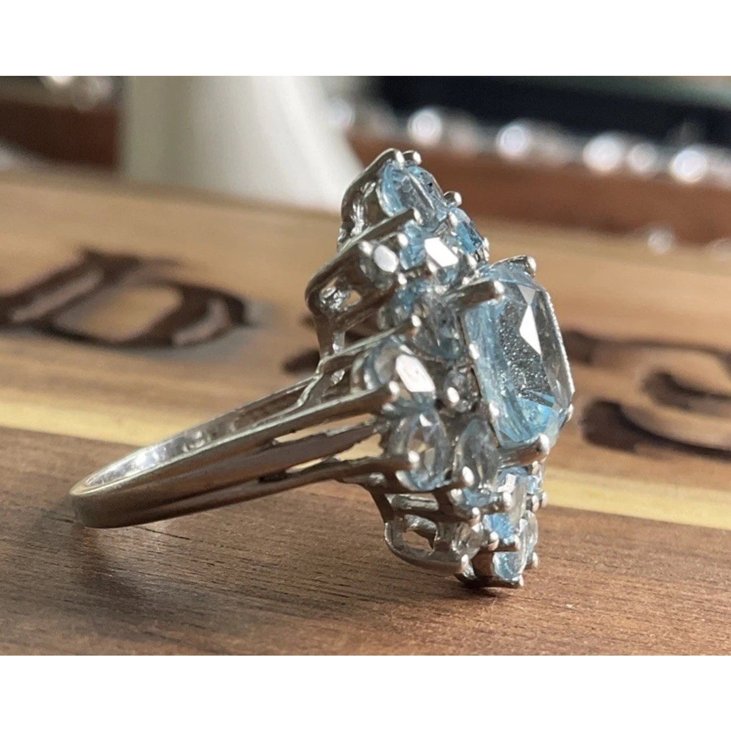 Vintage Sterling Silver Blue Topaz Cluster Ring Size 7.5 Cocktail Halo