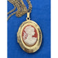 Vintage Gold Tone Cameo Locket Necklace Red White Resin Oval Hinged 18”