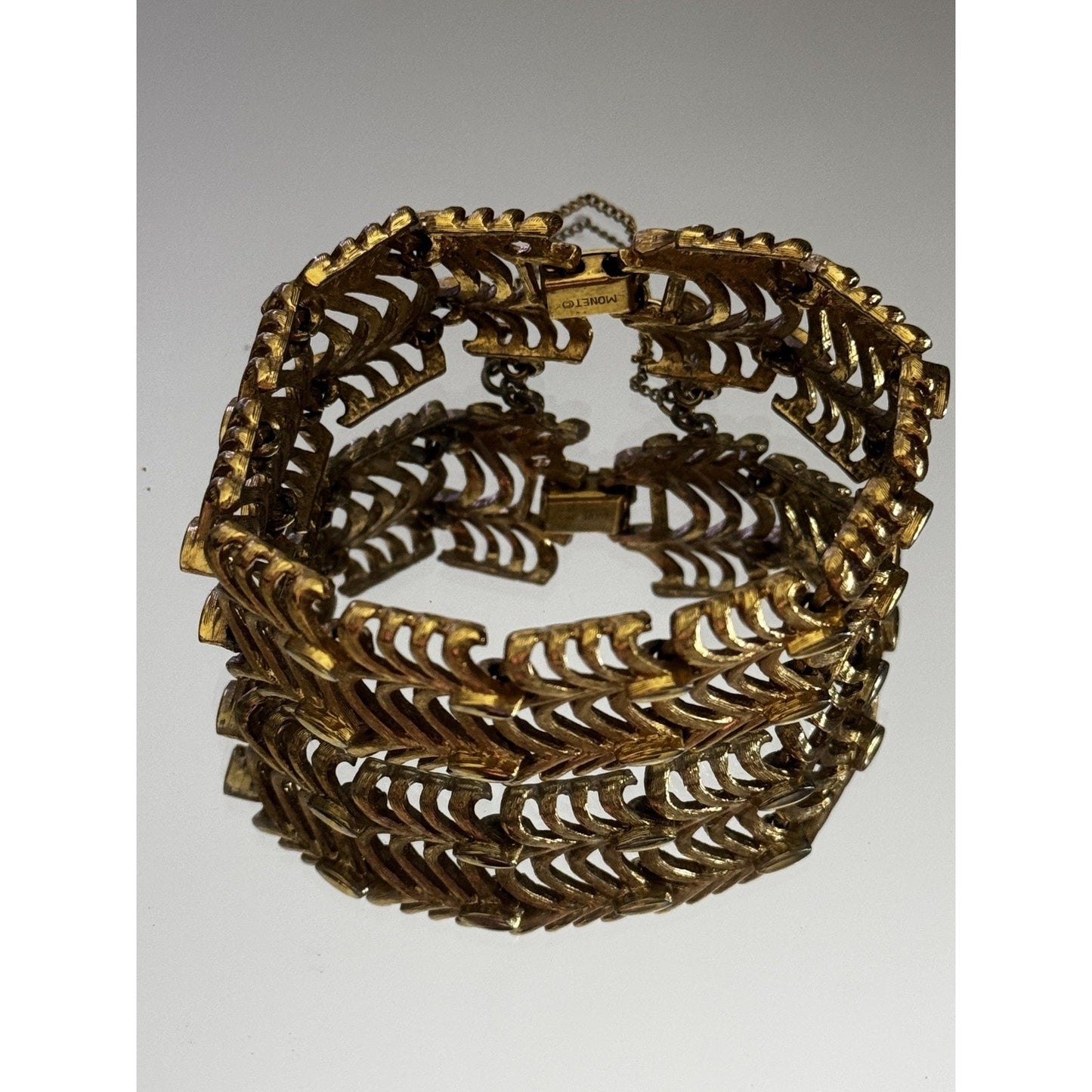 Monet Golden Weave Bracelet Gold Plated Filigree 1960s Vintage Jewelry Signed