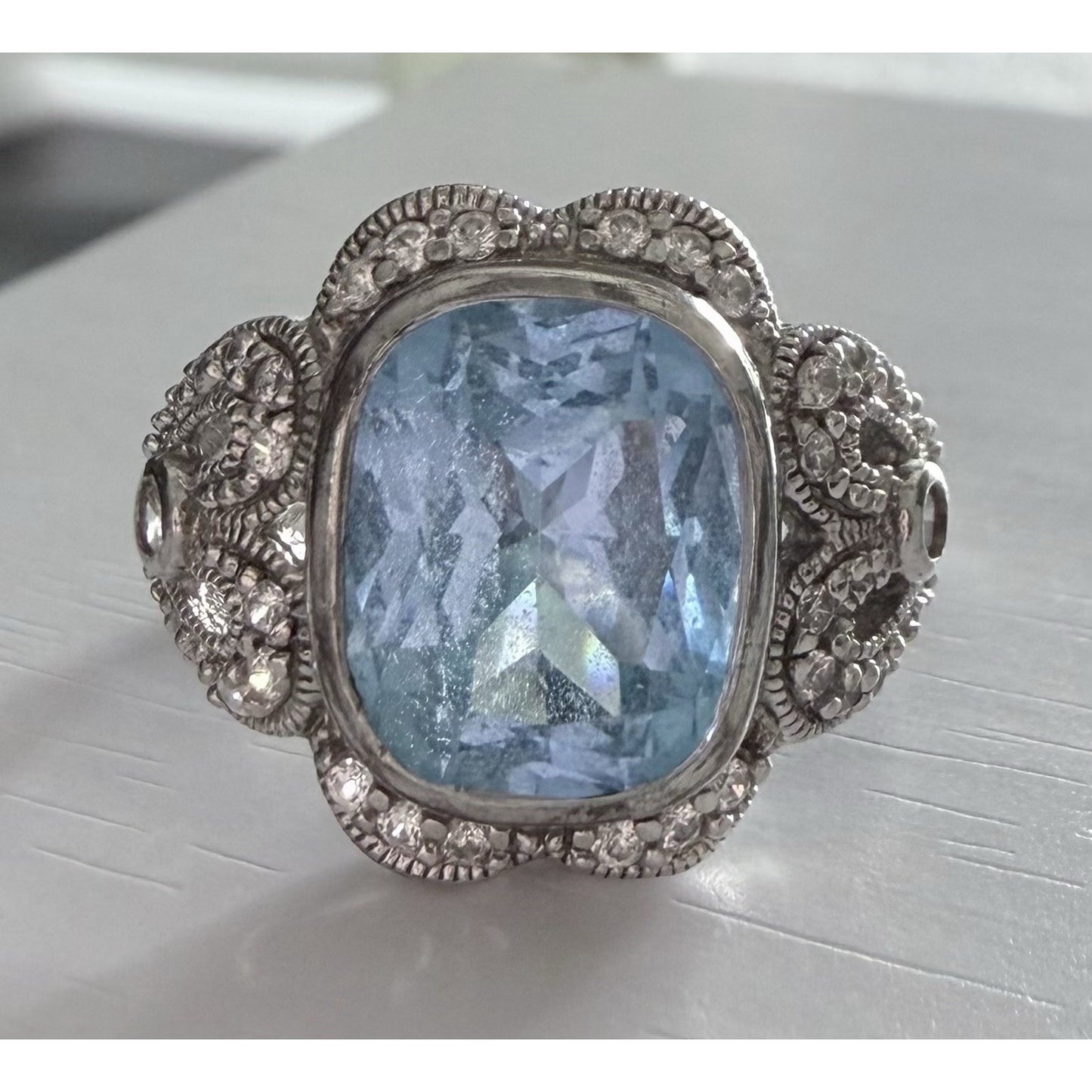 Vintage ESPO 925 Sterling Silver Blue Cushion Gemstone CZ Cocktail Ring Size 7.5