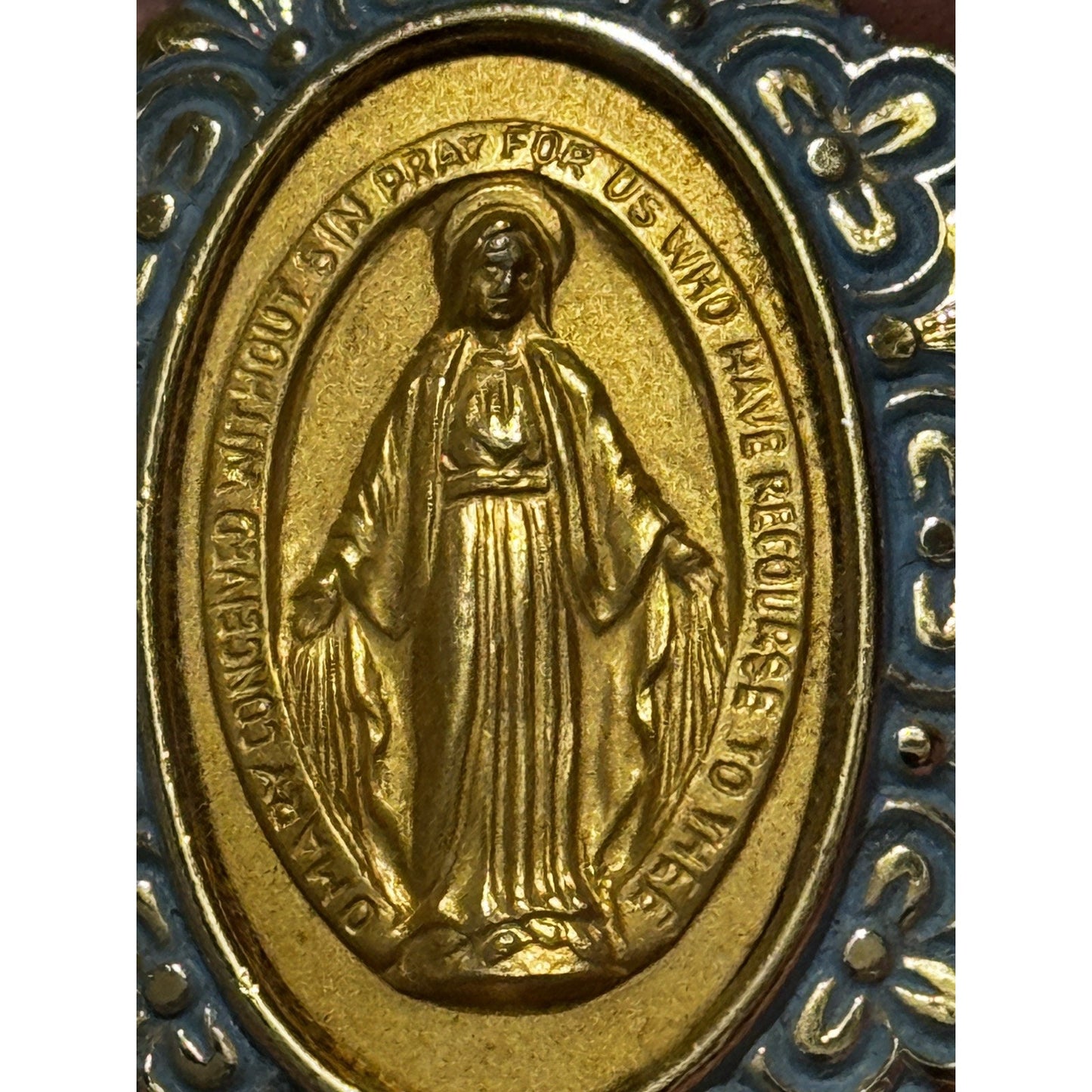 Vintage Germany Miraculous Medal Virgin Mary Gold Tone Blue Enamel Pendant