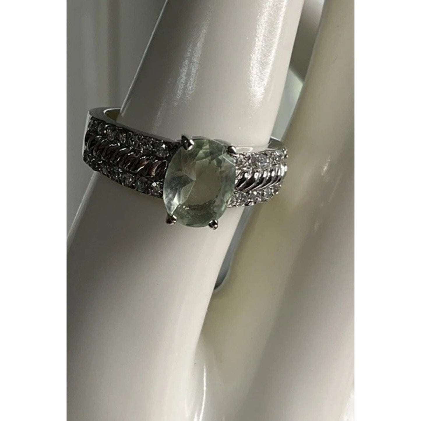 Sterling Silver Green Gemstone Halo Ring Oval Statement Ring 925 Size 8