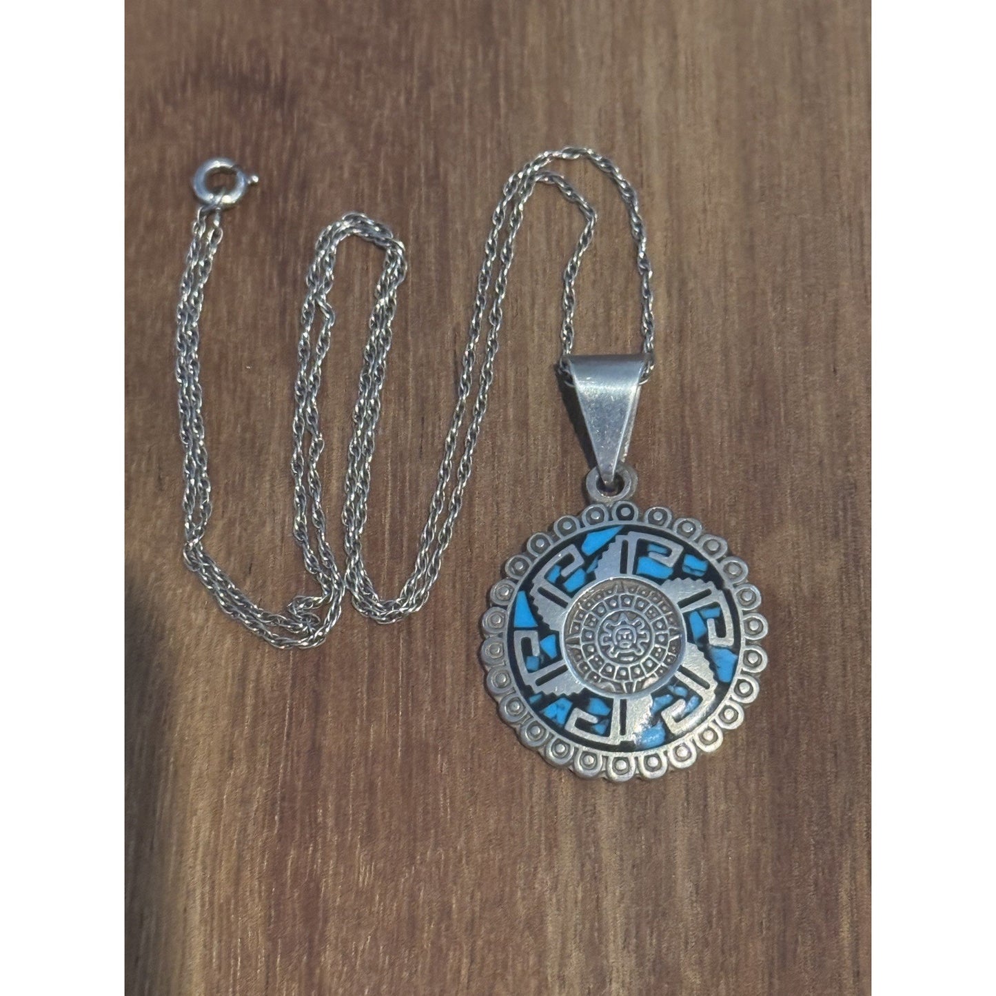 Taxco TB-271 Sterling Silver 925 Turquoise Aztec Calendar Pendant Necklace 18”