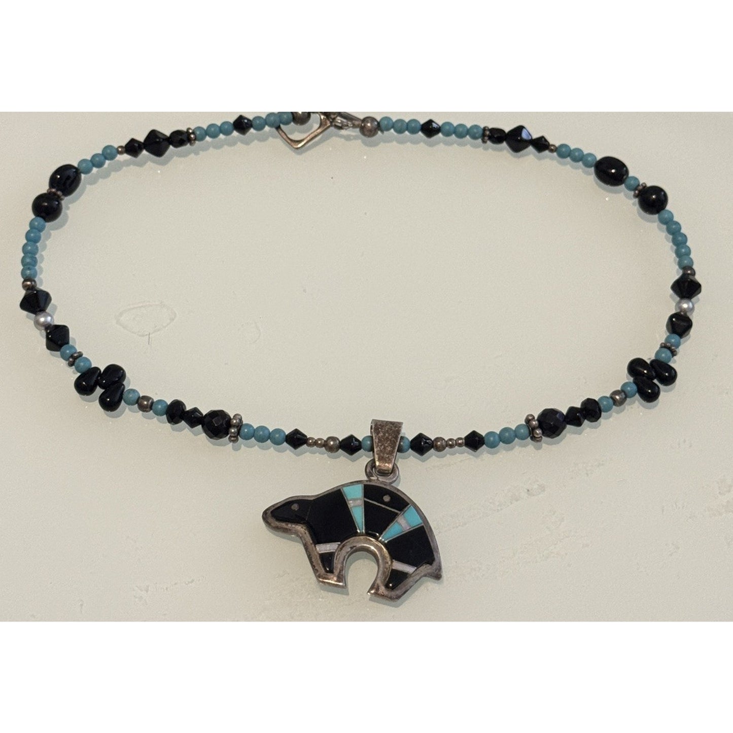 Vintage Sterling 925 Zuni Bear Inlay Pendant & Necklace E. Haloo Turquoise Onyx