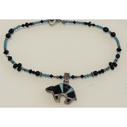 Vintage Sterling 925 Zuni Bear Inlay Pendant & Necklace E. Haloo Turquoise Onyx