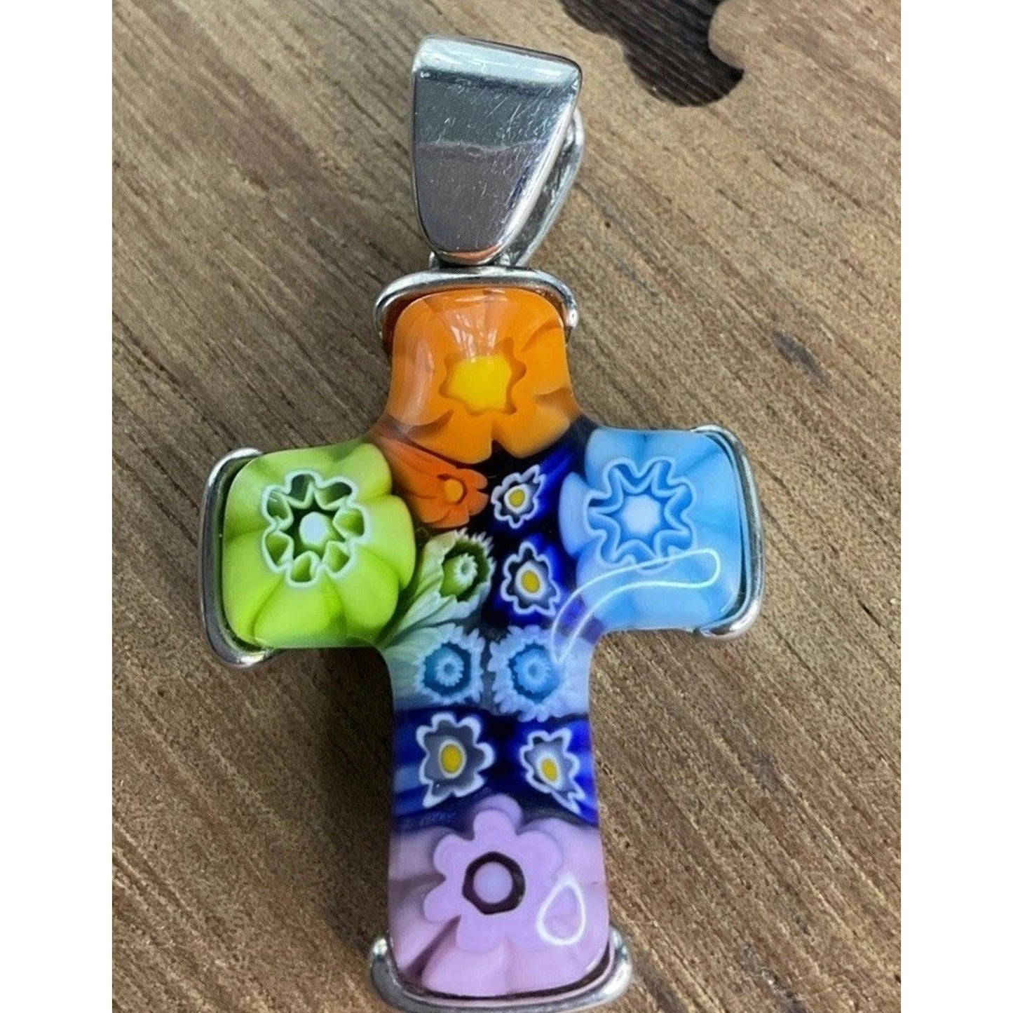 Sterling Silver Allan K Millefiori Murano Floral Glass Cross Pendant