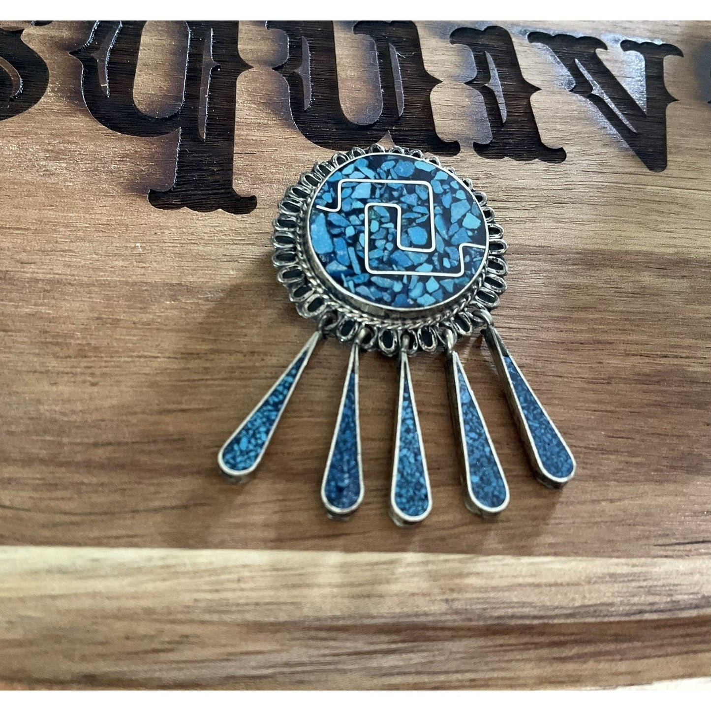 Vintage 925 Sterling Silver Turquoise Inlay Southwestern Pendant Pin Brooch 9.9g