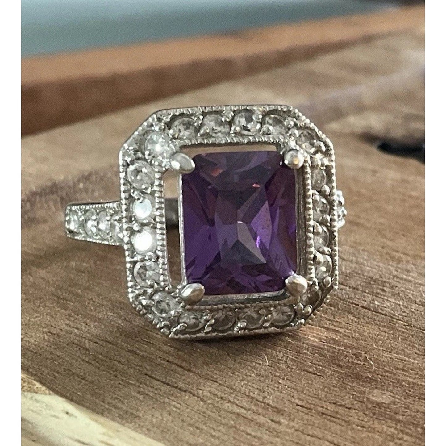 Art Deco FAS 925 Sterling Silver Amethyst CZ Ring Size 8.5 Vintage