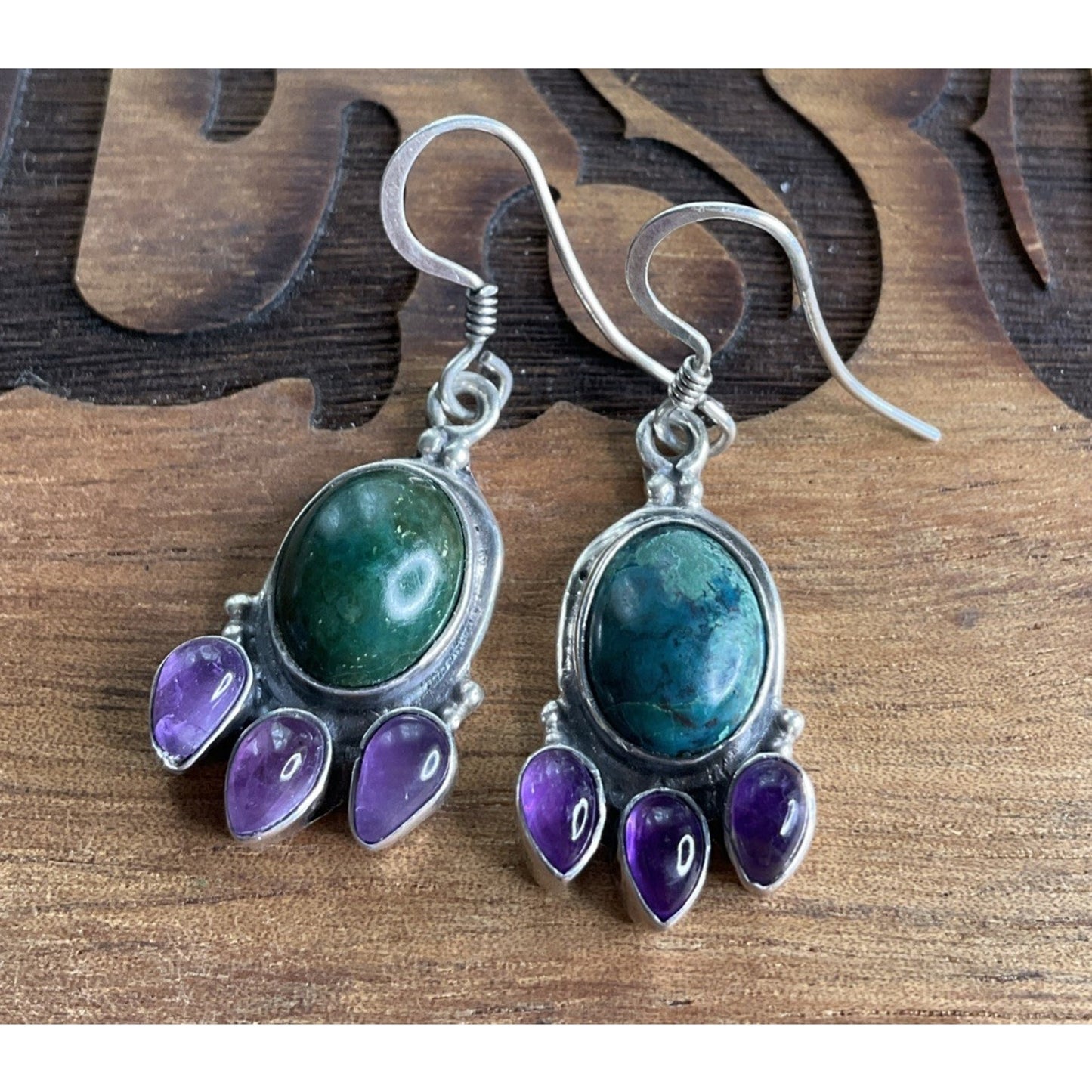 Sterling Silver Chrysocolla Amethyst Purple Dangle Earrings Boho 925