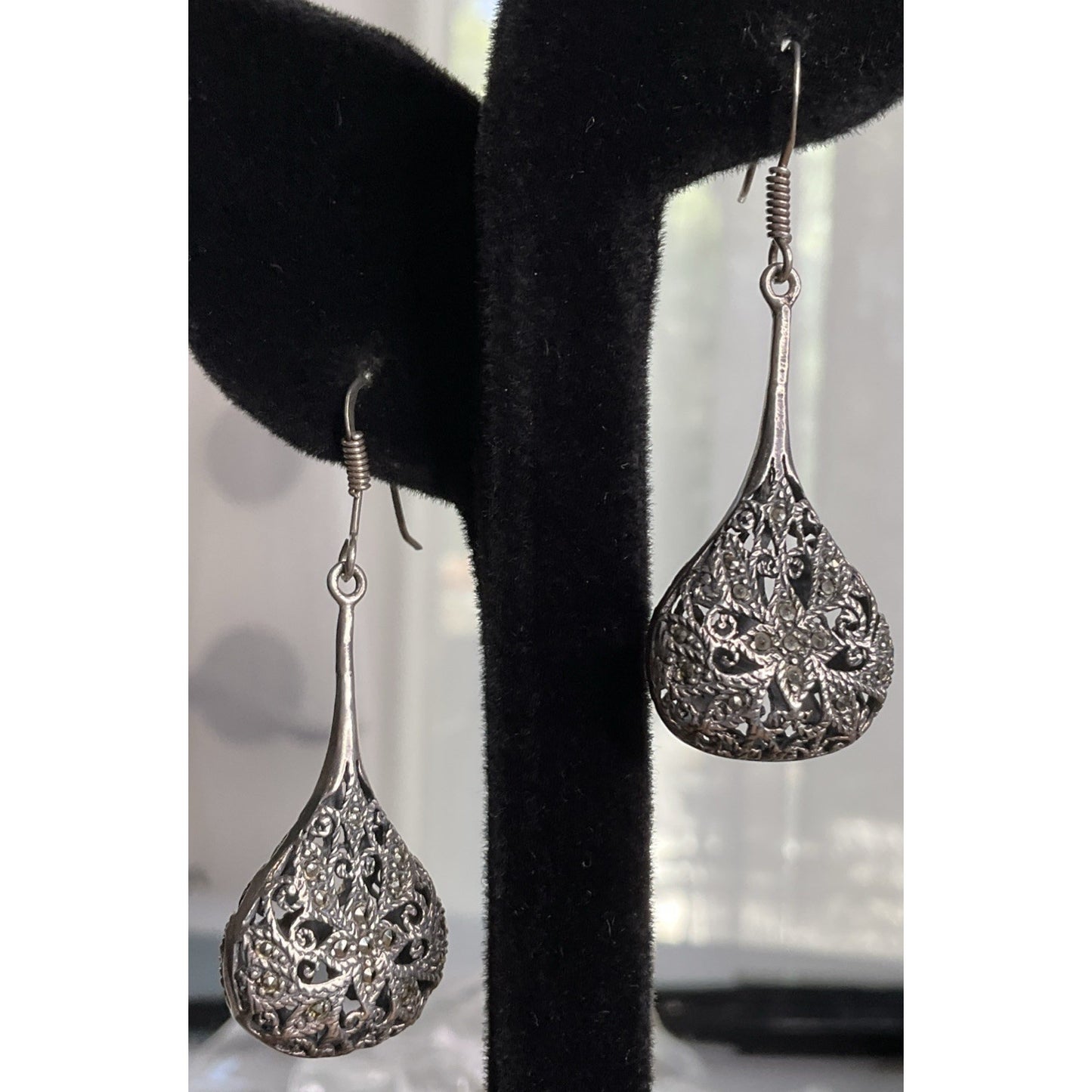 NF Sterling Marcasite Tear Drop Pendant Dangle Earrings Filigree Art Deco 17g!