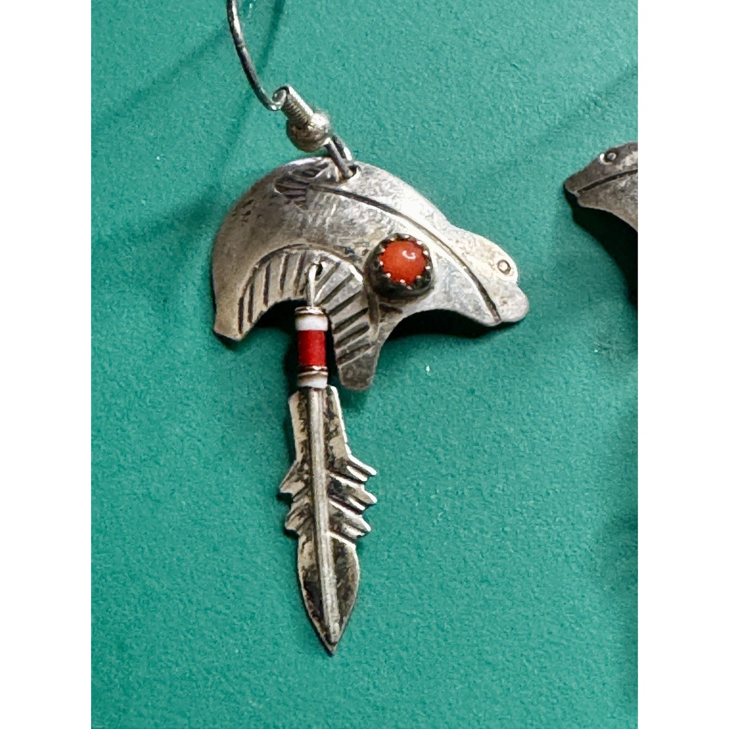 Signed Nel J. Navajo Sterling Silver Bear Earrings Coral Feather Dangle