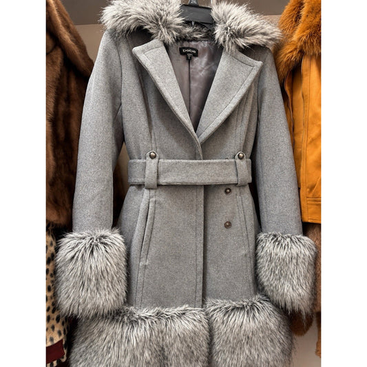 Bebe Women’s XS Gray Faux Fur Trim Long Coat Belted Statement Winter Jacket