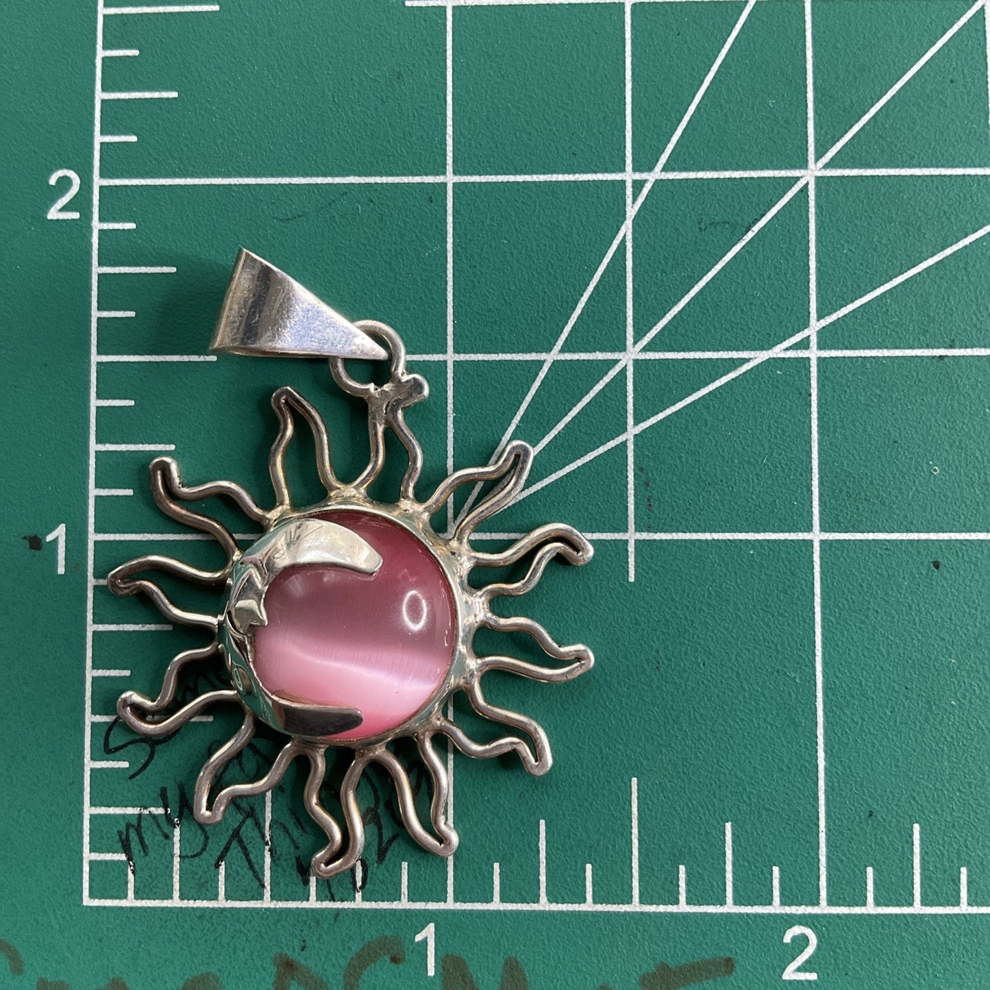 Vintage 925 Mexico Sterling Silver Sun Pendant Pink Cabochon