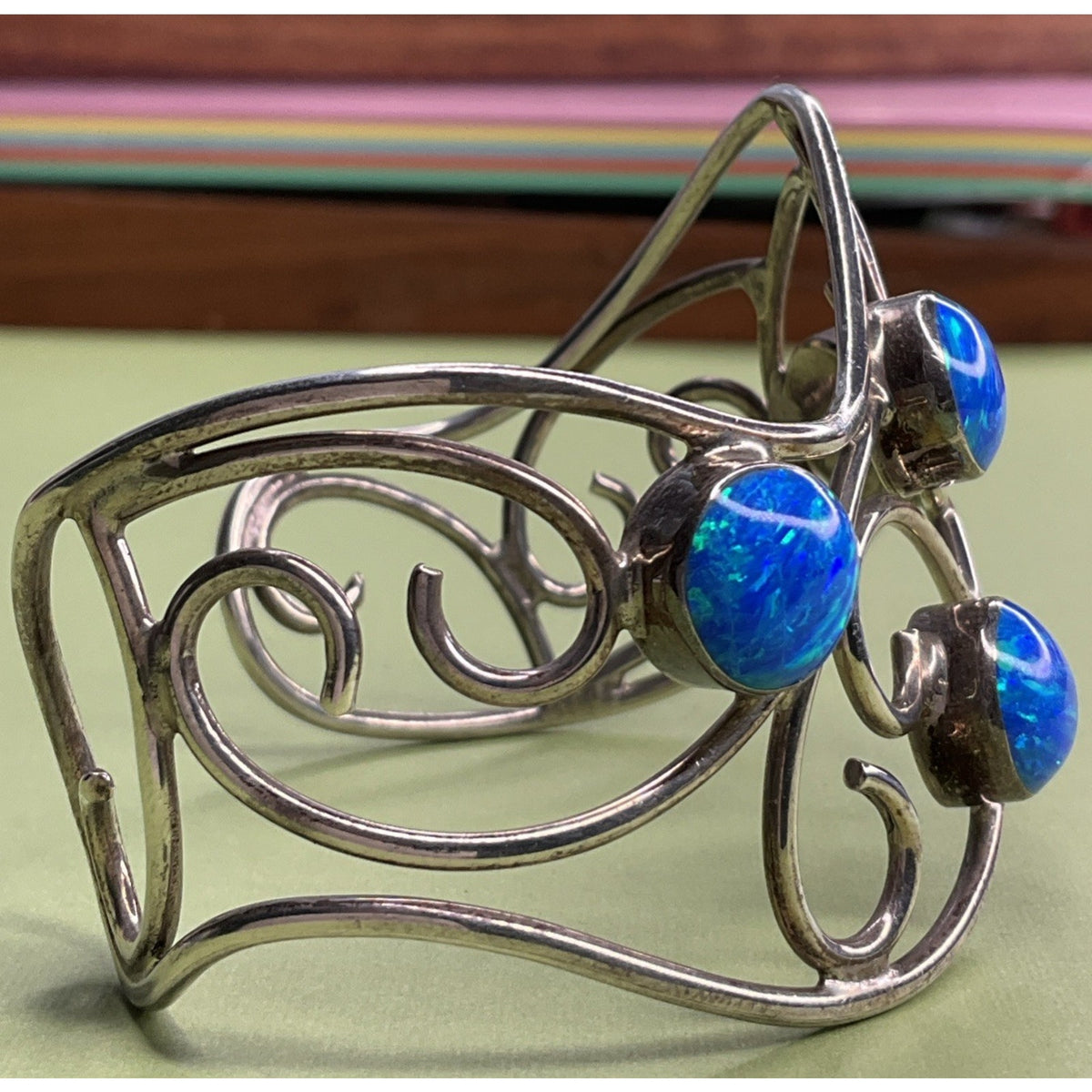 Mexico 925 Sterling Silver Blue Opal Wide Scroll Cuff Bracelet 31g