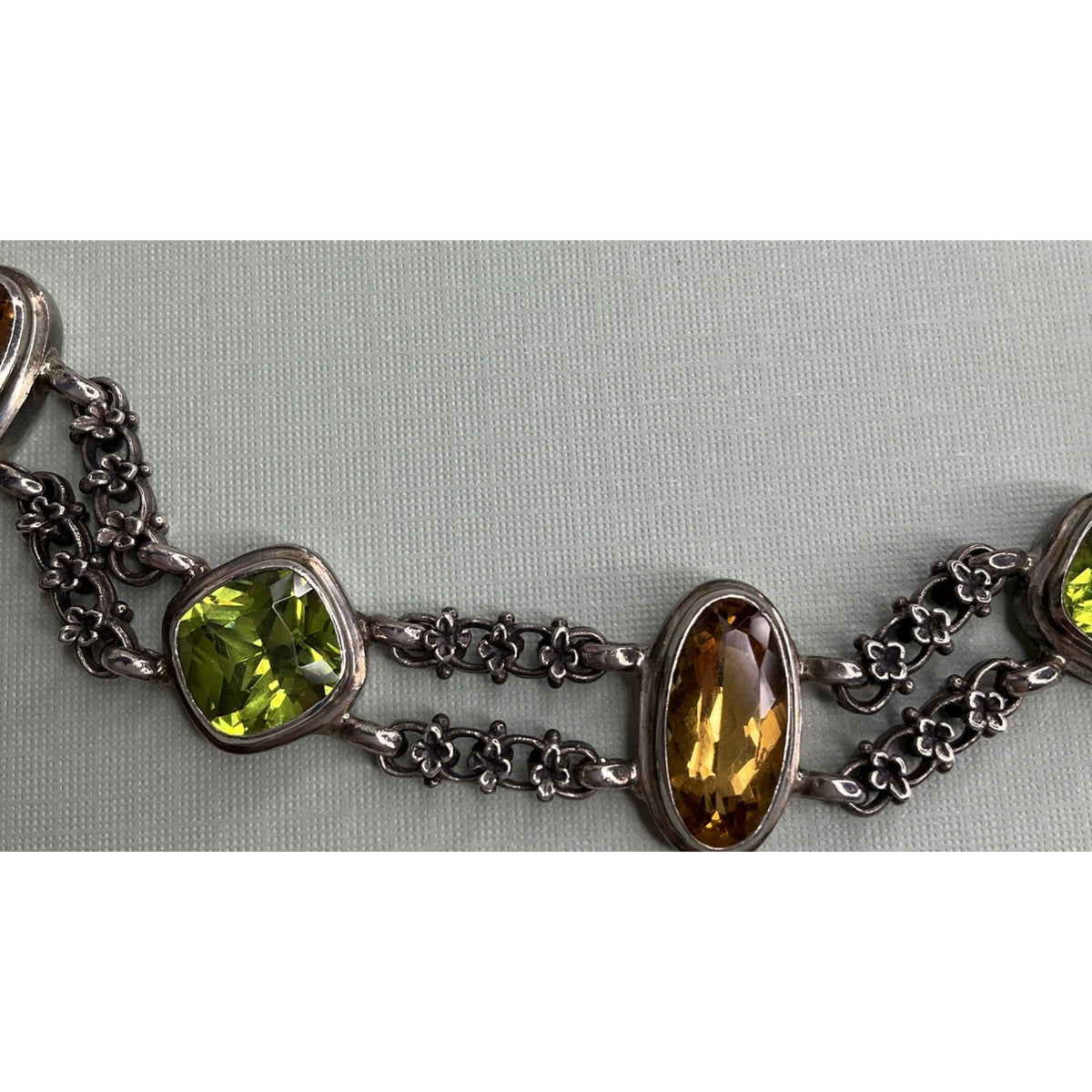 Vintage Sterling Silver Citrine Peridot Gemstone Double Chain Bracelet