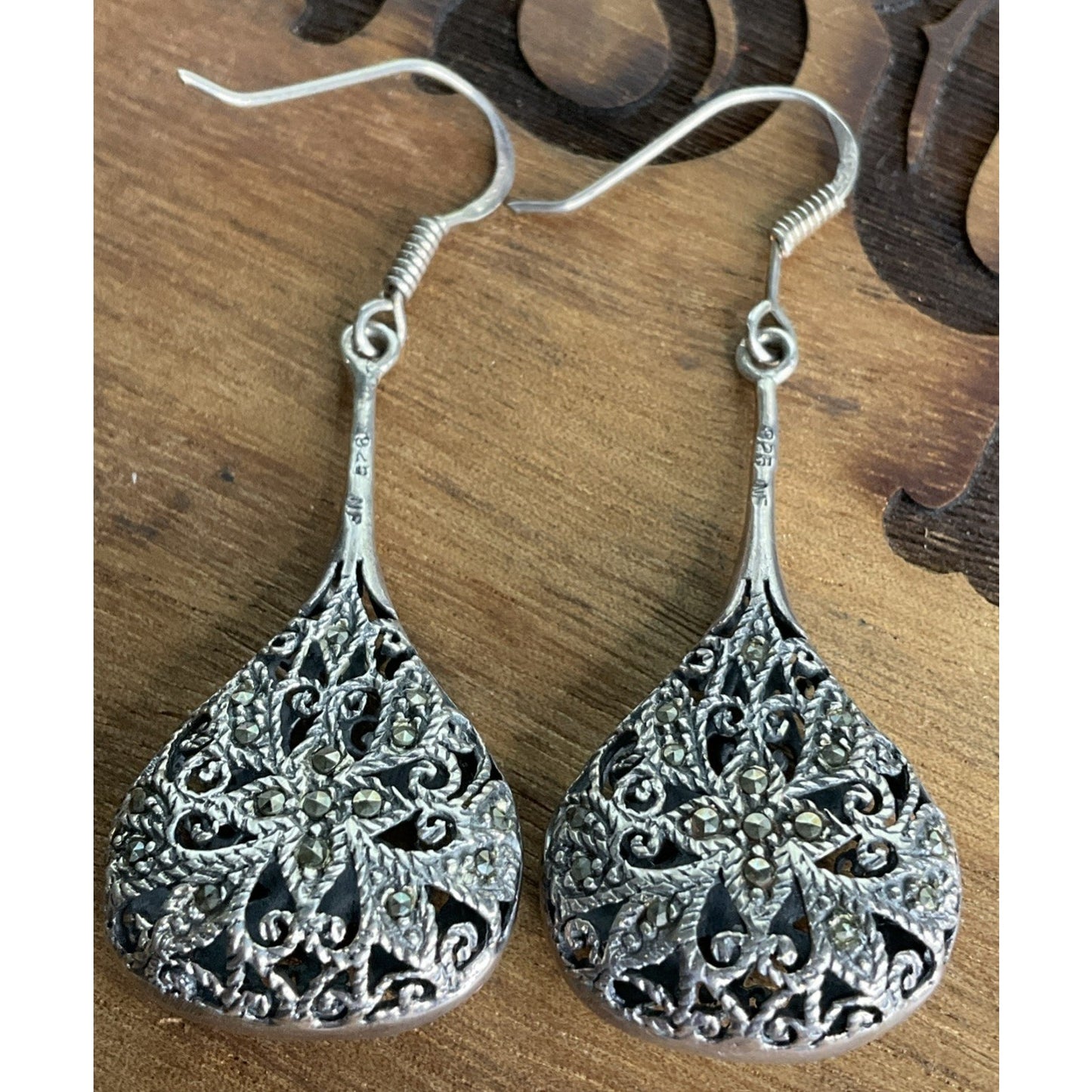 NF Sterling Marcasite Tear Drop Pendant Dangle Earrings Filigree Art Deco 17g!