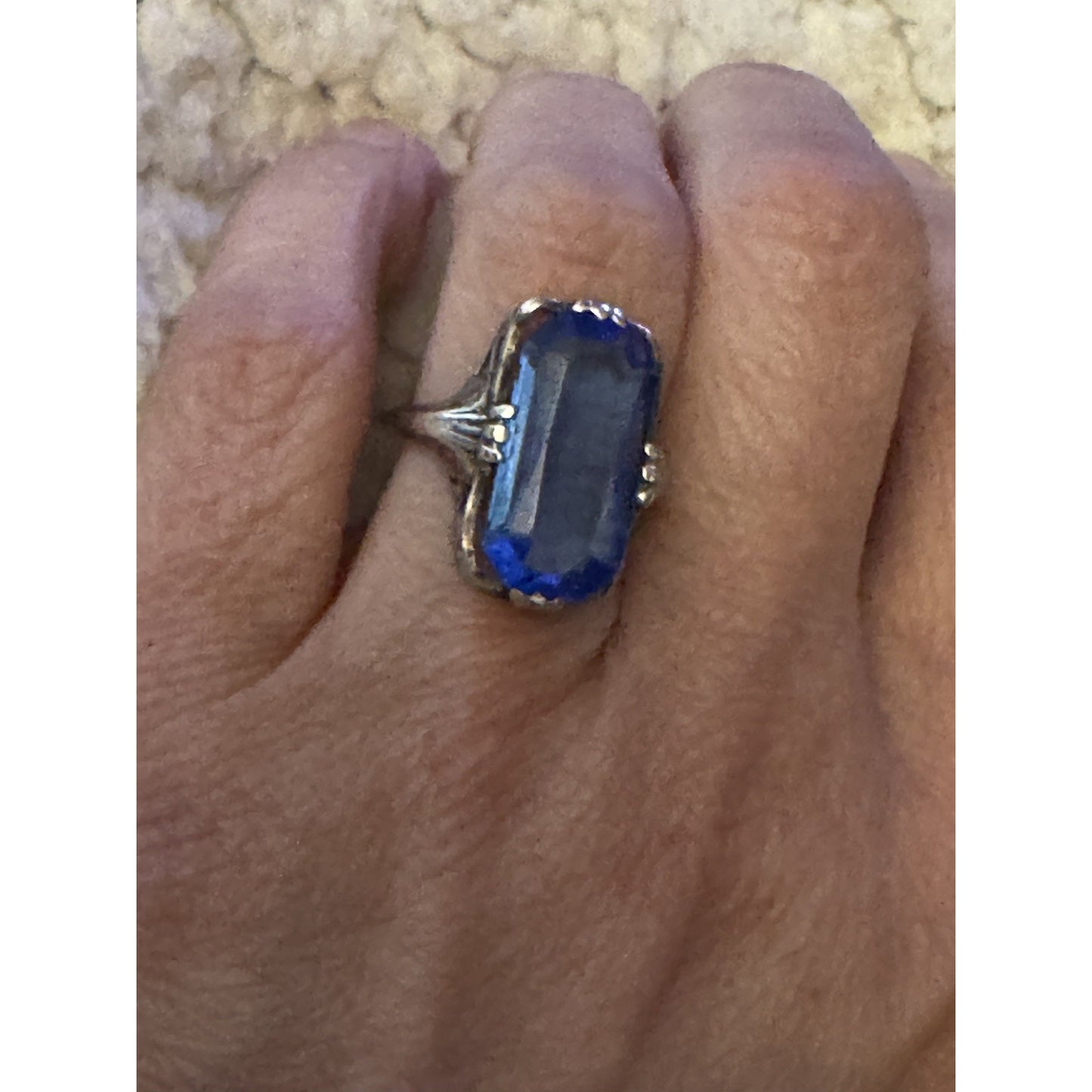 Vintage Sterling Silver Ring with Large Blue Glass Emerald Cut Stone Art Deco