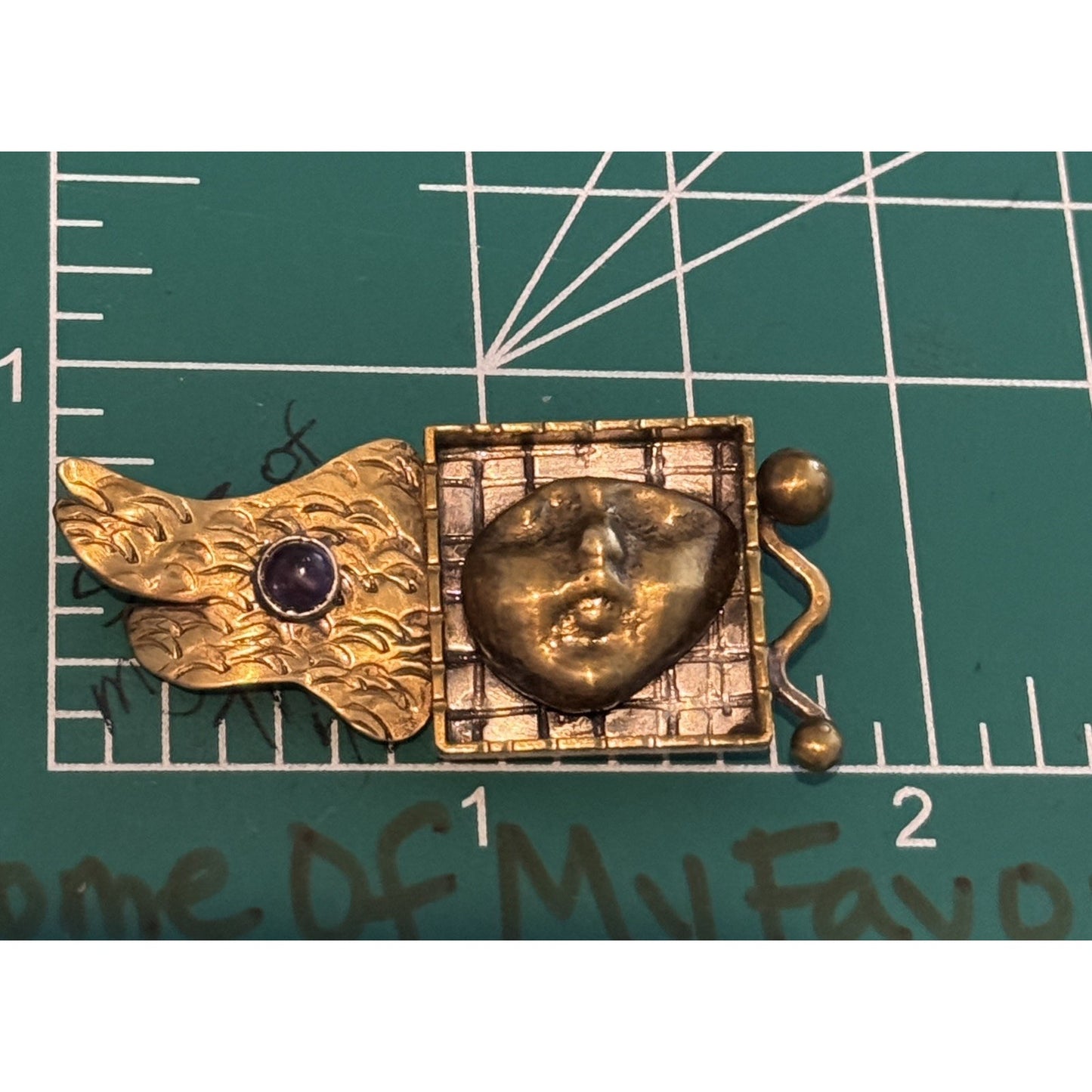 Mary Lucuk Sterling Silver Brass Face Brooch Artisan Modernist Pin Blue Cabachon