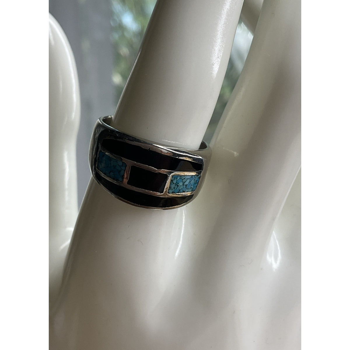 Sterling Silver Turquoise Black Onyx Inlay Ring Size 10 Southwest Band