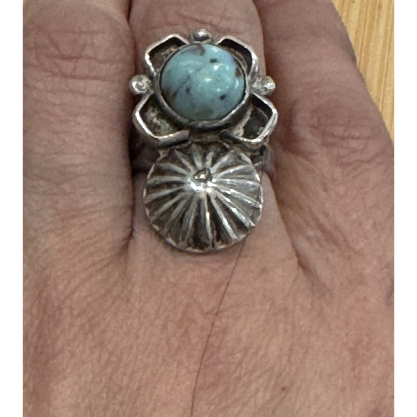 Vintage 925 Sterling Silver Turquoise Concho Flower Ring Southwestern Size 8
