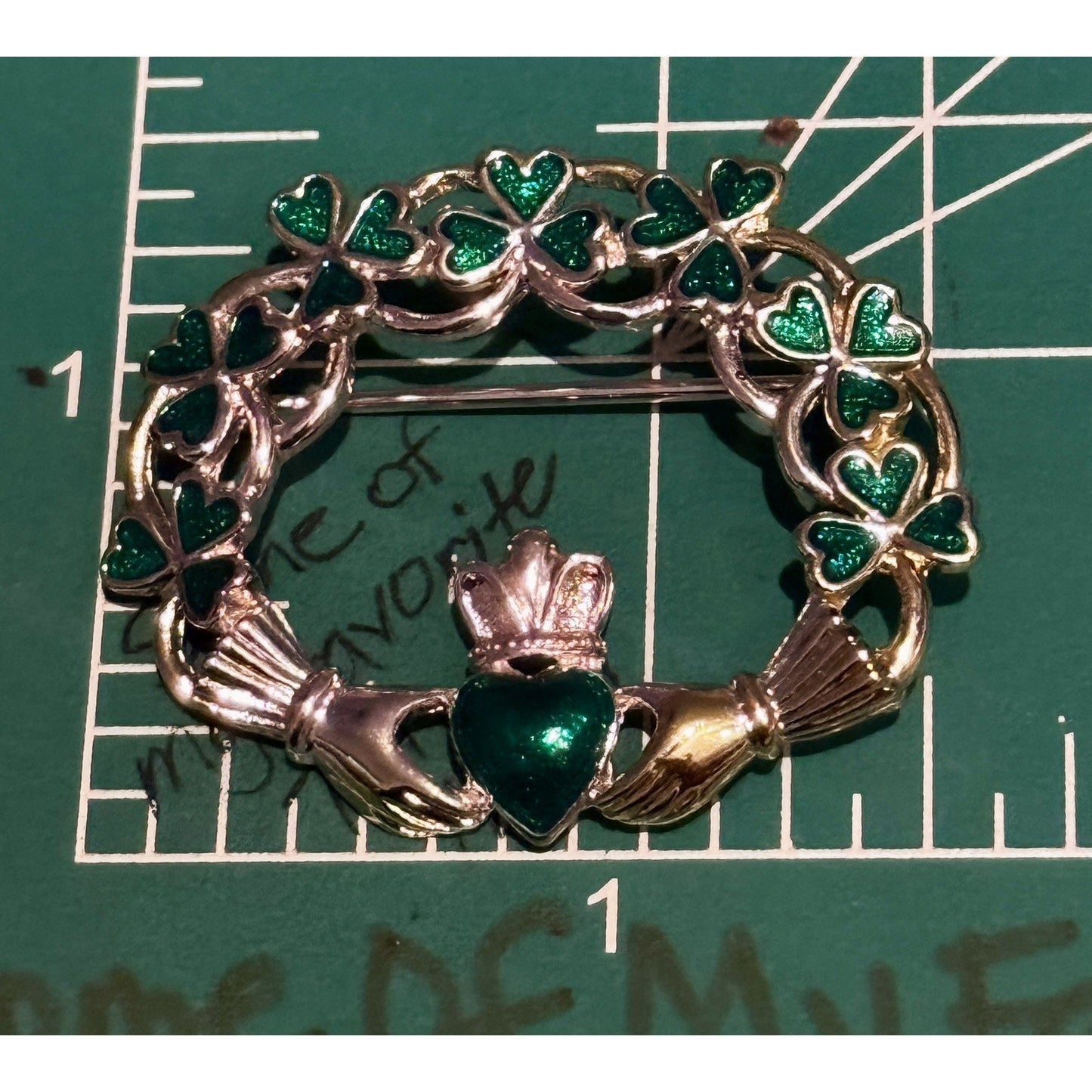 Vintage SOLVAR Irish Claddagh Shamrock Brooch Green Enamel Pin w Box Ireland