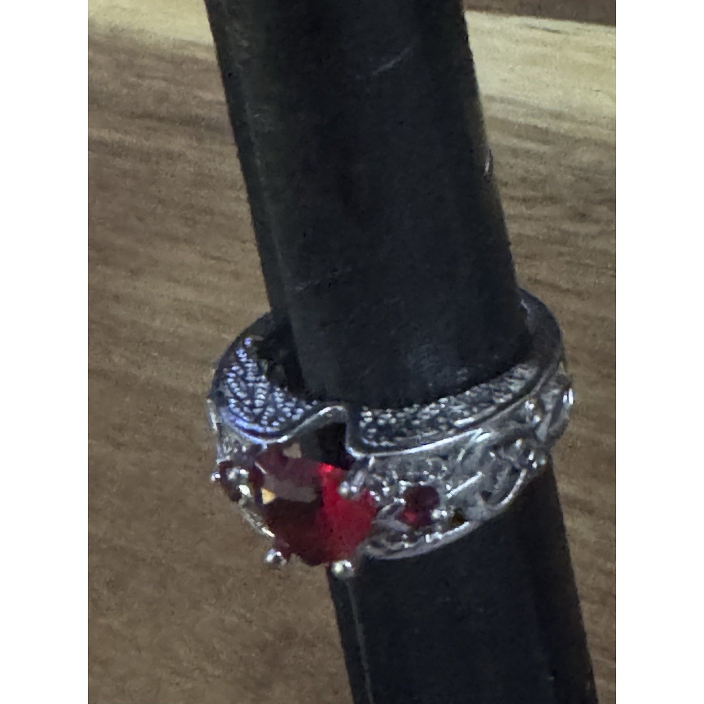Sterling Silver Lab Created Red Heart Gemstone Ring 925 Filigree Size 8.5, 5.5g