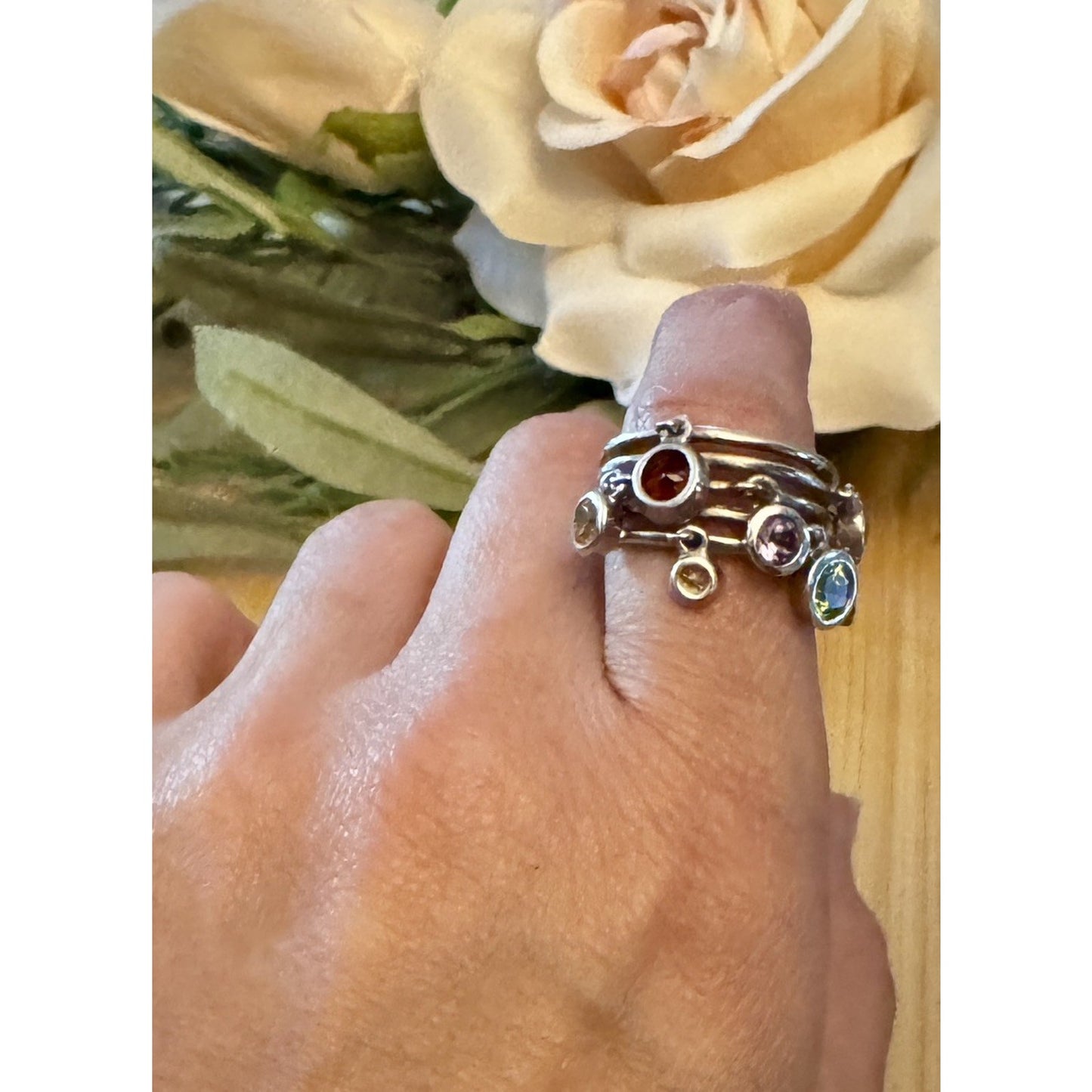Vintage 90s Thai Sterling Silver Gemstone Dangle Ring Sz 8 Peridot Topaz Citrine