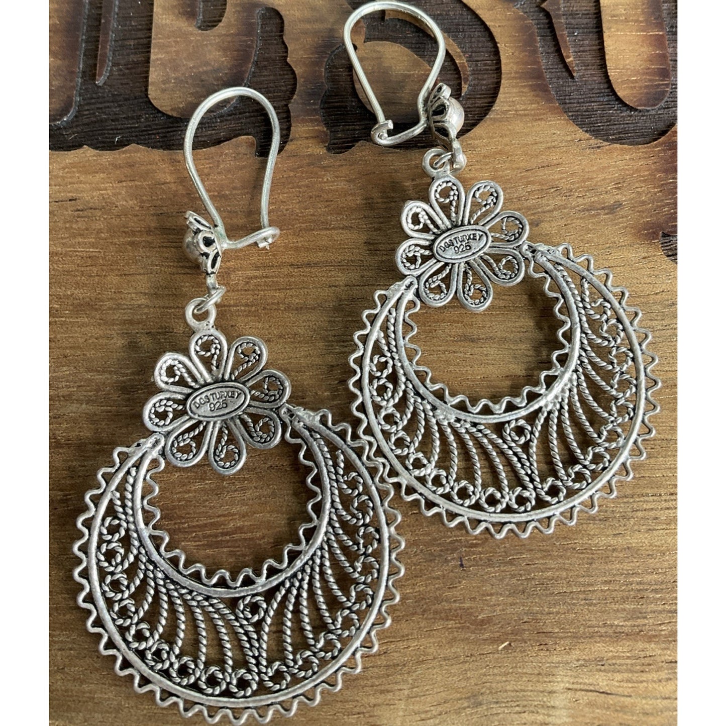 Vintage DGS Sterling Silver Turkey Filigree Crescent Moon Floral Dangle Earrings