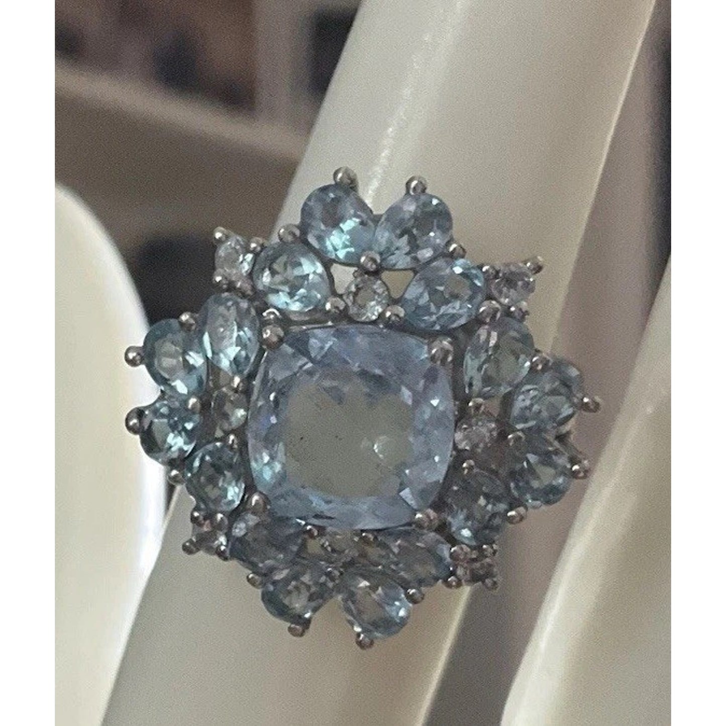 Vintage Sterling Silver Blue Topaz Cluster Ring Size 7.5 Cocktail Halo