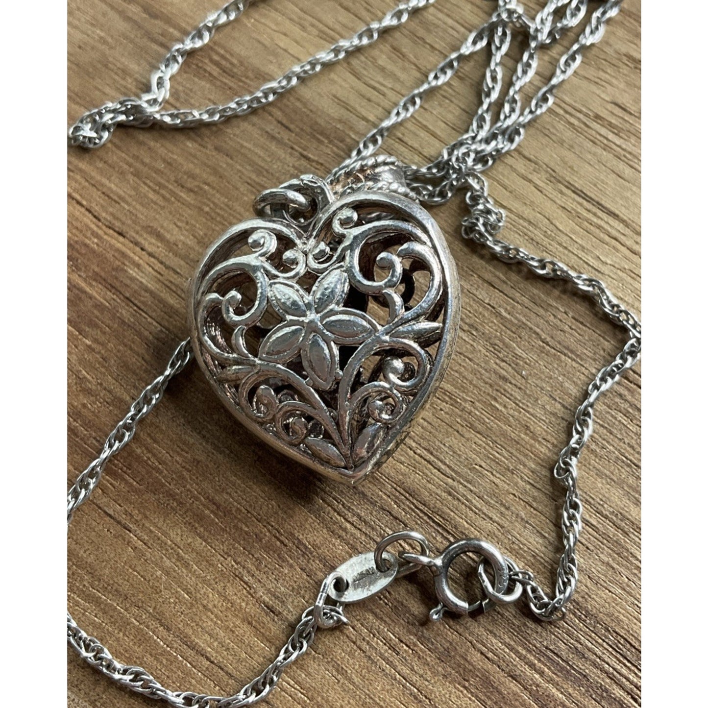 Sterling Silver Filigree Heart Pendant Necklace 925 Floral Scroll