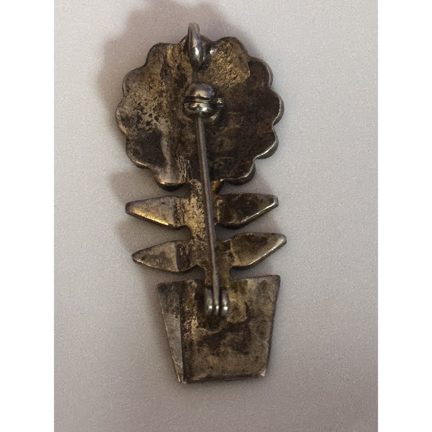 Zuni Sterling Silver Turquoise Flower Pot Brooch/Pin Pendant Signed Vintage