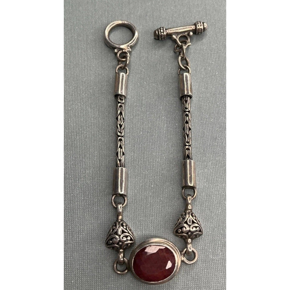Vintage Sterling Silver Red Gemstone Bracelet Bali Style Toggle 19g