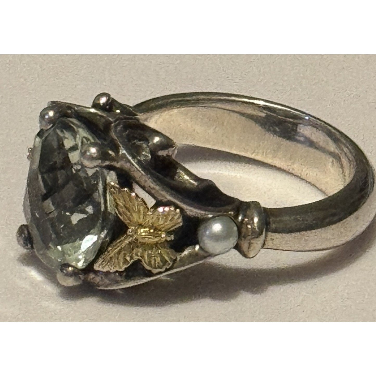 Vintage Ann King 925 18K Green Amethyst Prasiolite Pearl Butterfly Ring Sz 8.5
