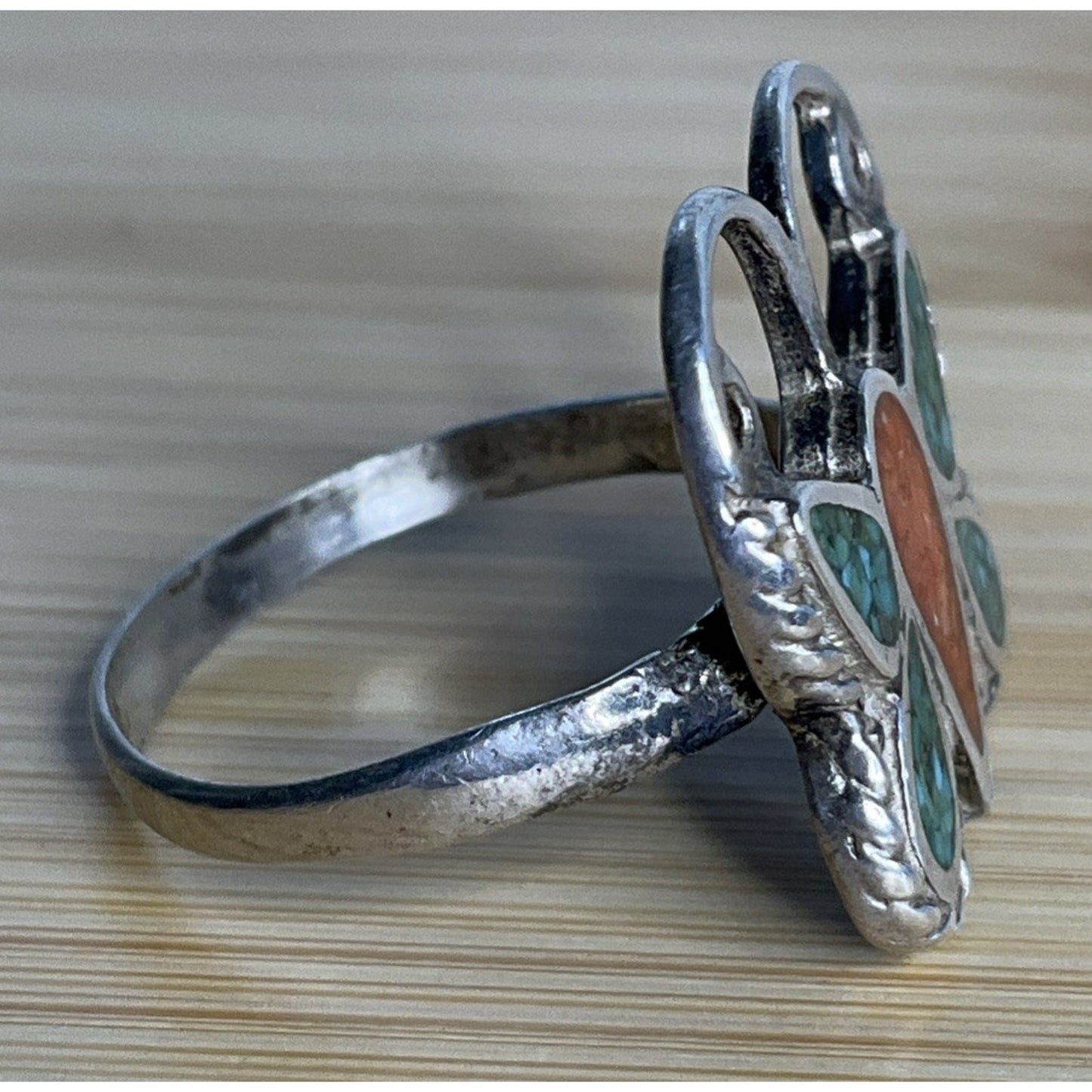 Vintage Sterling Silver Crushed Turquoise Native American Butterfly Ring Sz 5.5