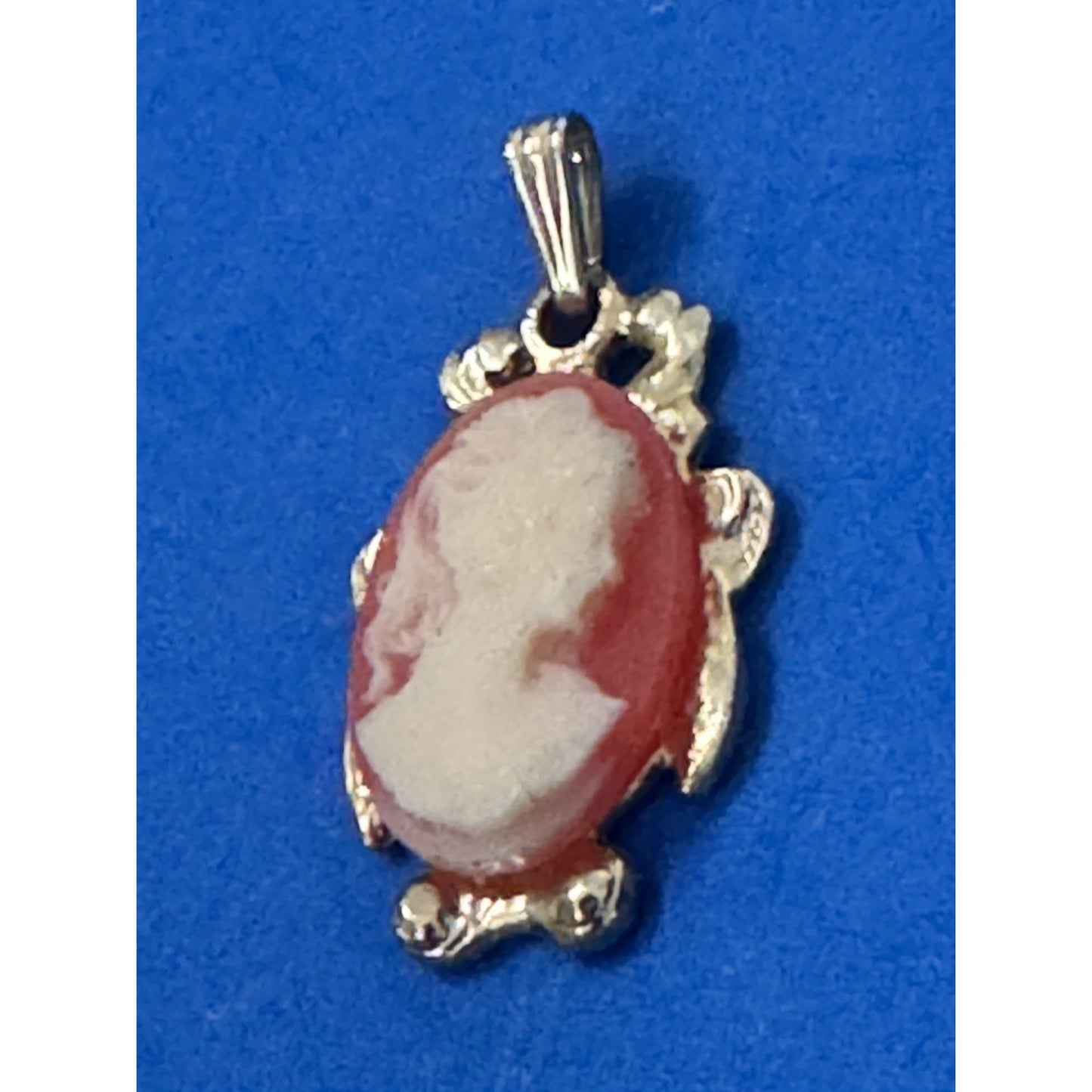 Vintage Cameo Pendant Turtle Frame Gold Tone Red White Lady 1.25"