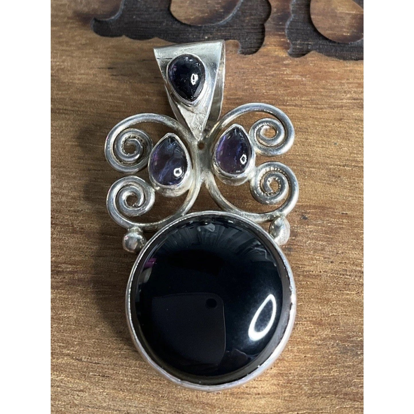 Vintage Sterling Silver Onyx & Amethyst Pendant Artisan Scroll Design