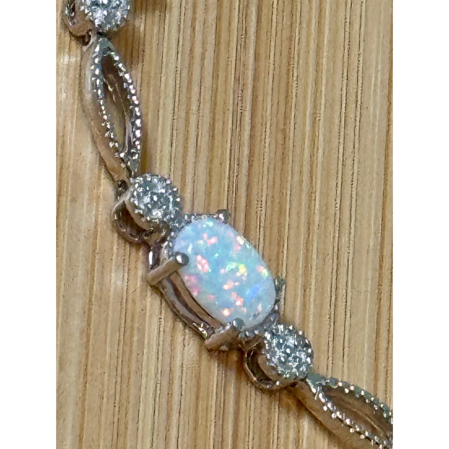 925 Sterling Silver Opal Cabachon Moissanite Bracelet 7.5” White Fire Opal 6g