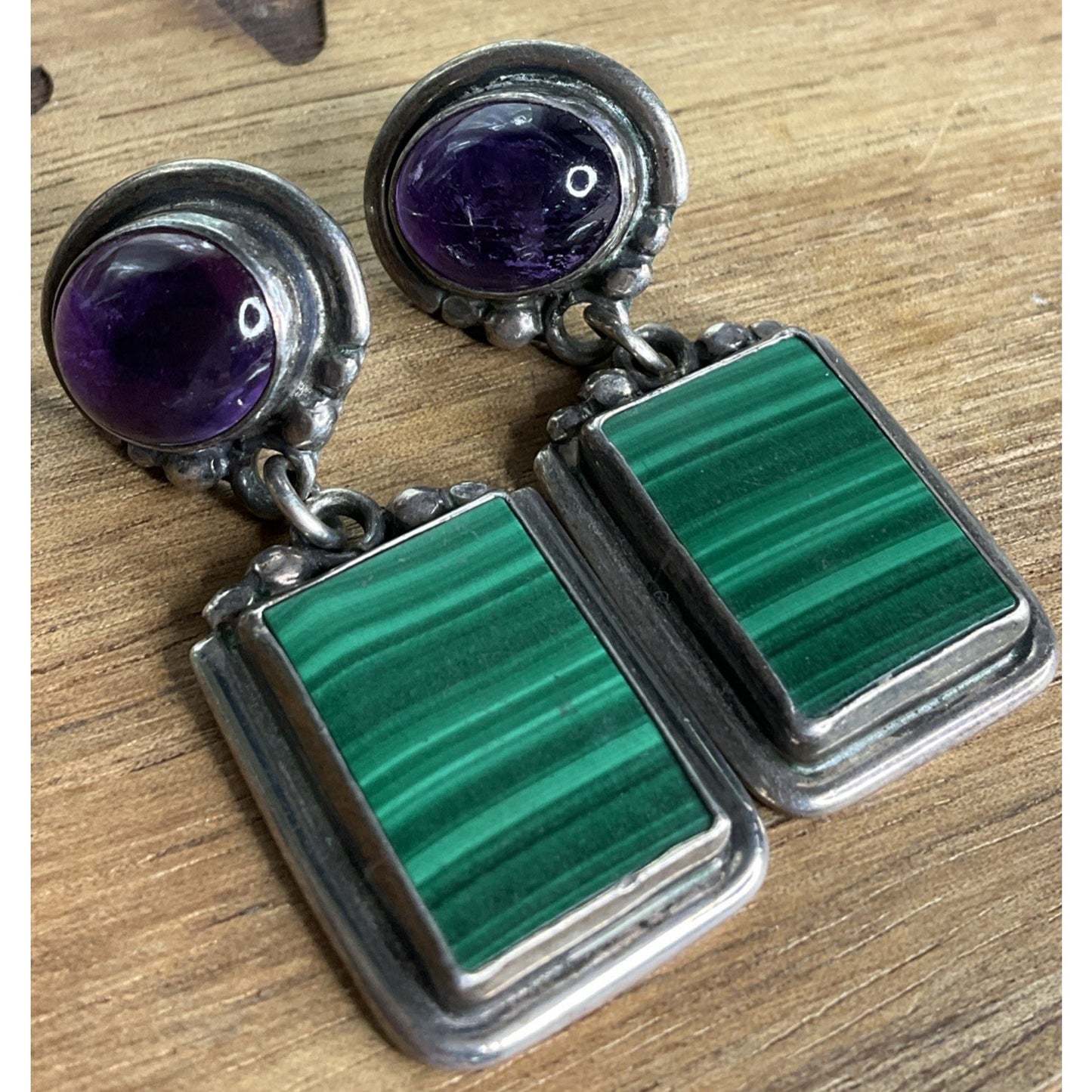 Vintage Roie Jaque Navajo Native American 925 Sterling Malachite Dangle Earrings