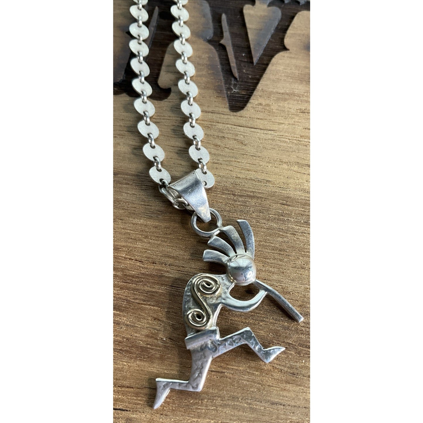 Vintage 14K Gold & Sterling Silver Kokopelli Pendant Necklace 20” Southwestern