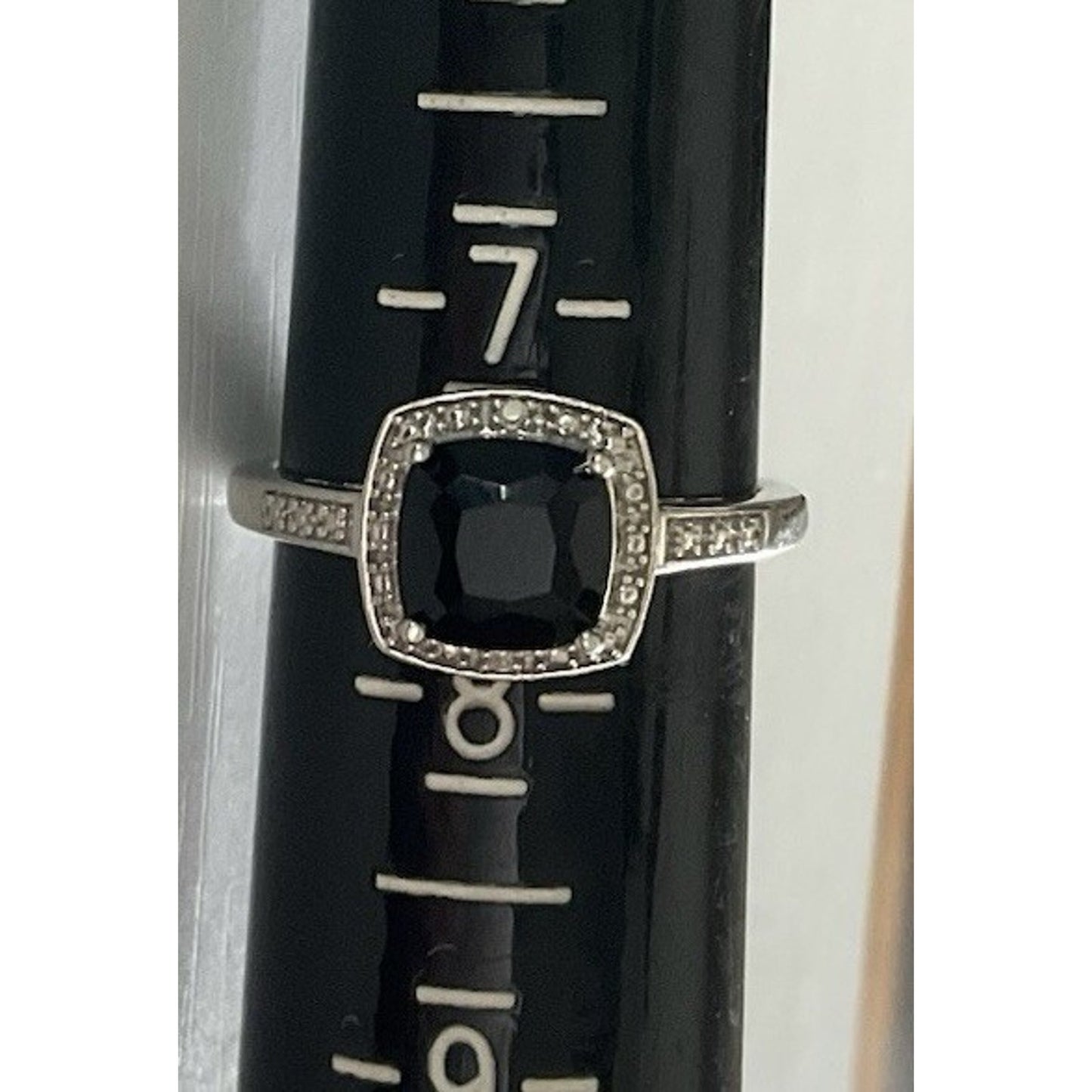 Sterling Silver 925 M Black Onyx Halo Ring CZ Accents Size 7.5