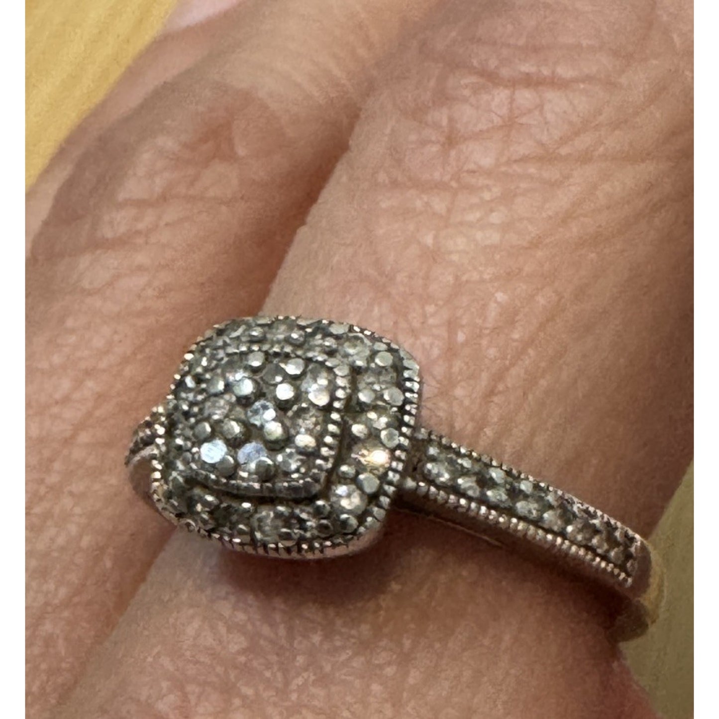 Vintage Pave Diamond Cushion Halo Sterling Silver Ring Size 7