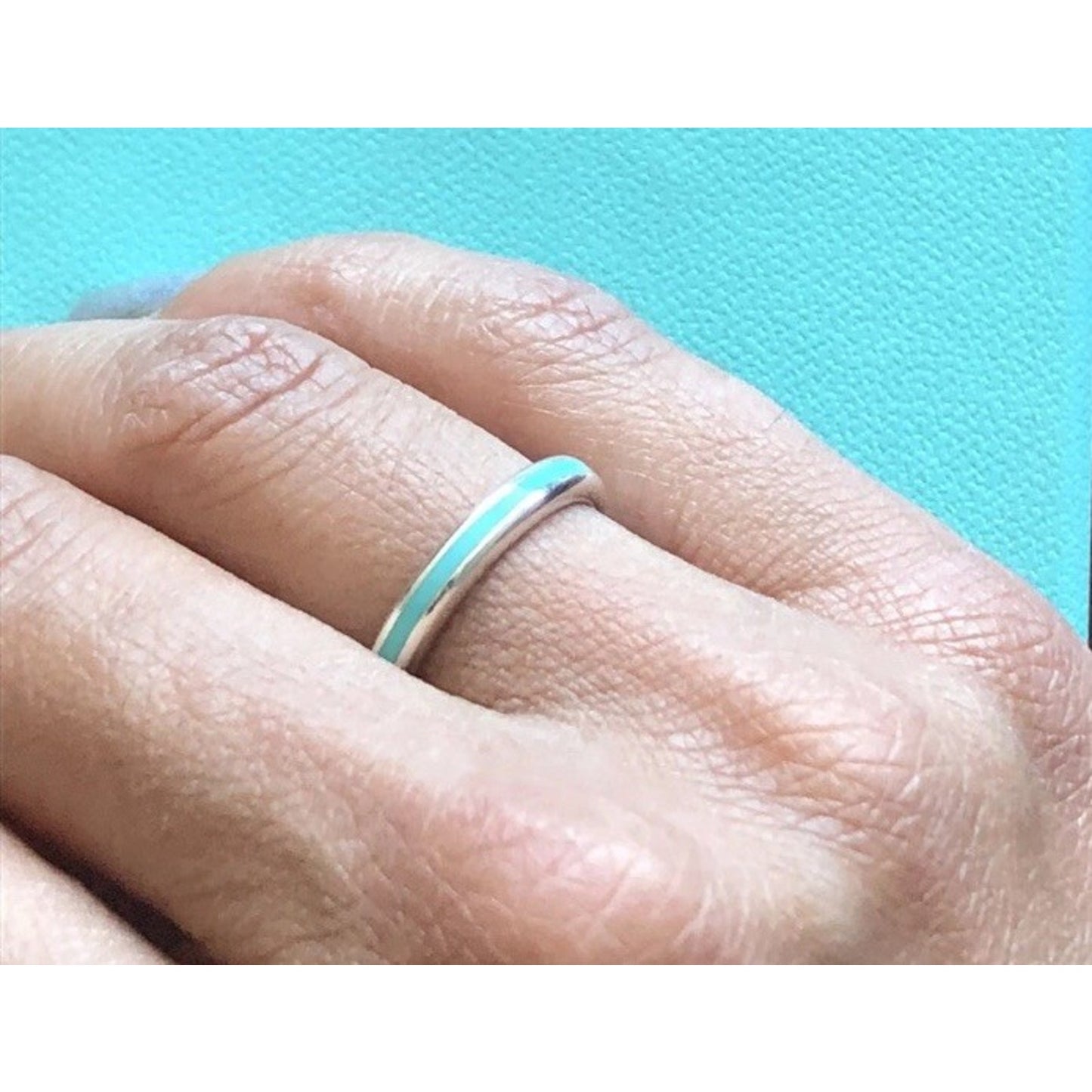 Retired Tiffany & Co. Blue Enamel Sterling Silver Narrow Stripe Band Ring Size 8