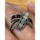 Vintage Sterling Silver Opal & Garnet Statement Ring Boho Bali Ring Size 8.5