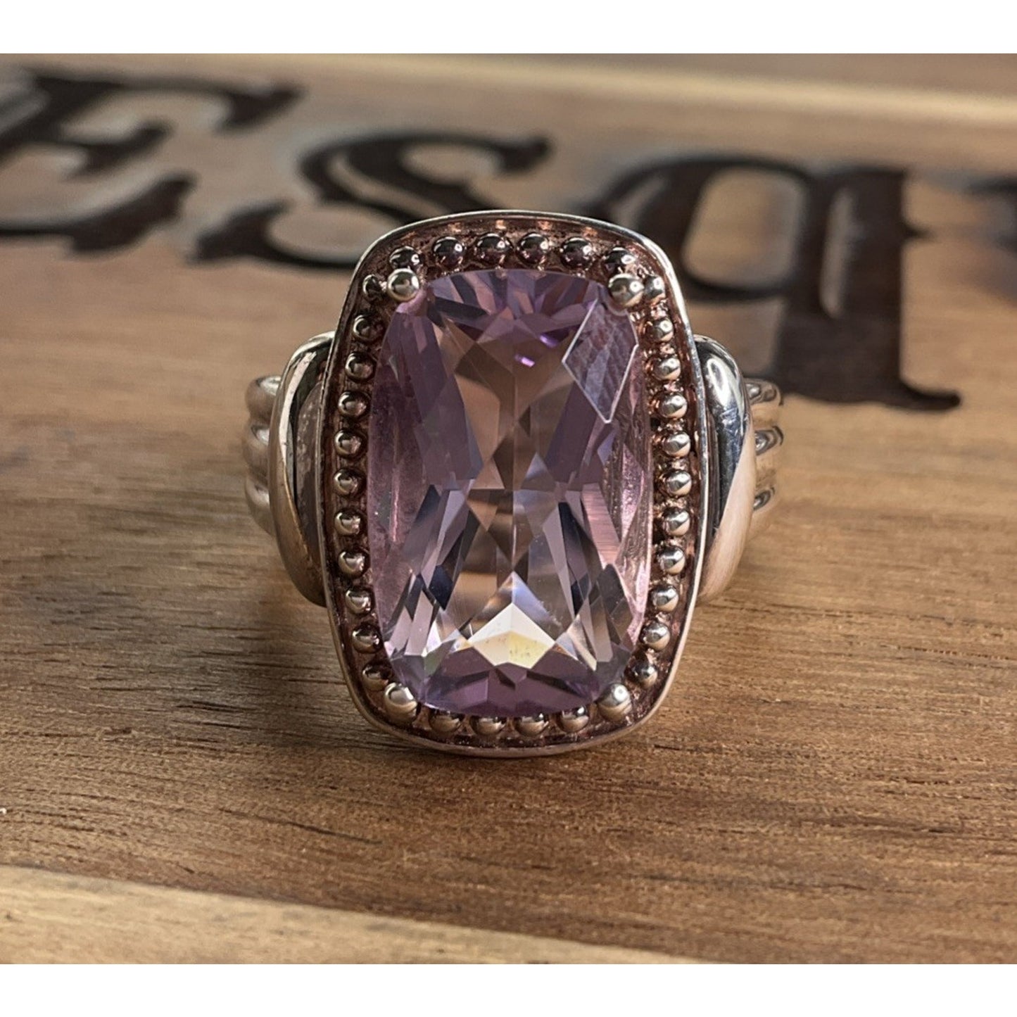 Vintage Sterling Silver Pink Lavender Quartz Cocktail Ring Statement Size 10