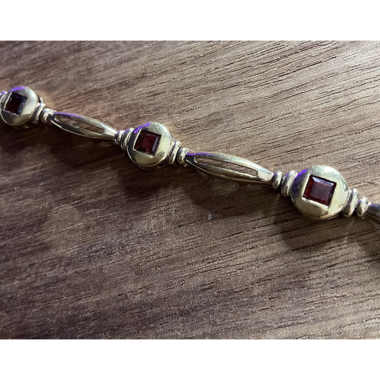 Vintage 925 Sterling Silver Gold Plated Garnet Link Bracelet 7.75” Thailand